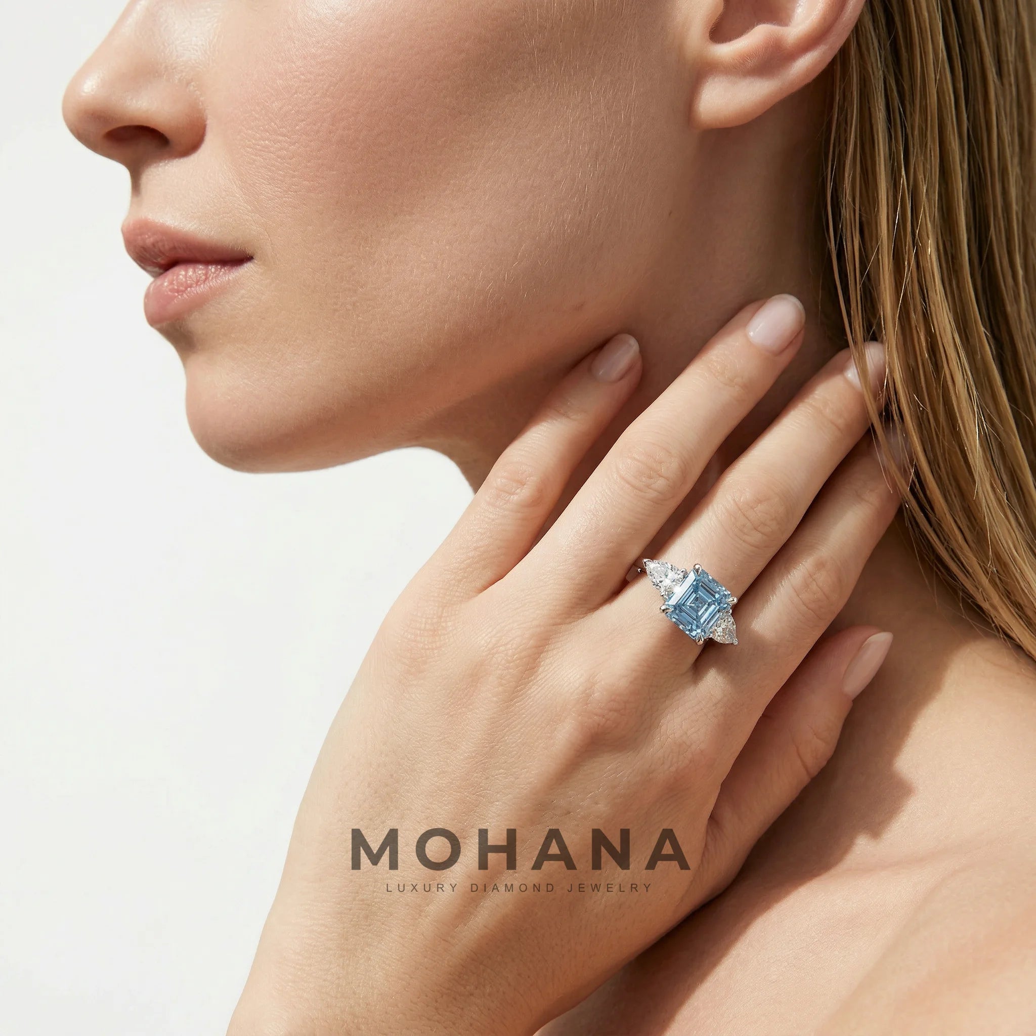 4 Carat Fancy Blue Asscher Cut Three Stone Lab Grown Diamond Engagement Ring