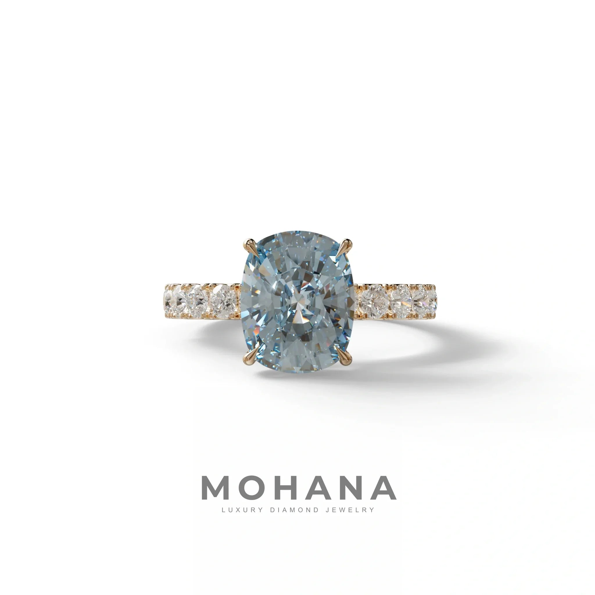 4 Carat Blue Cushion Cut Hidden Halo Eternity Lab Diamond Engagement Ring - Sandrine - 10K Solid Gold / Rose Gold