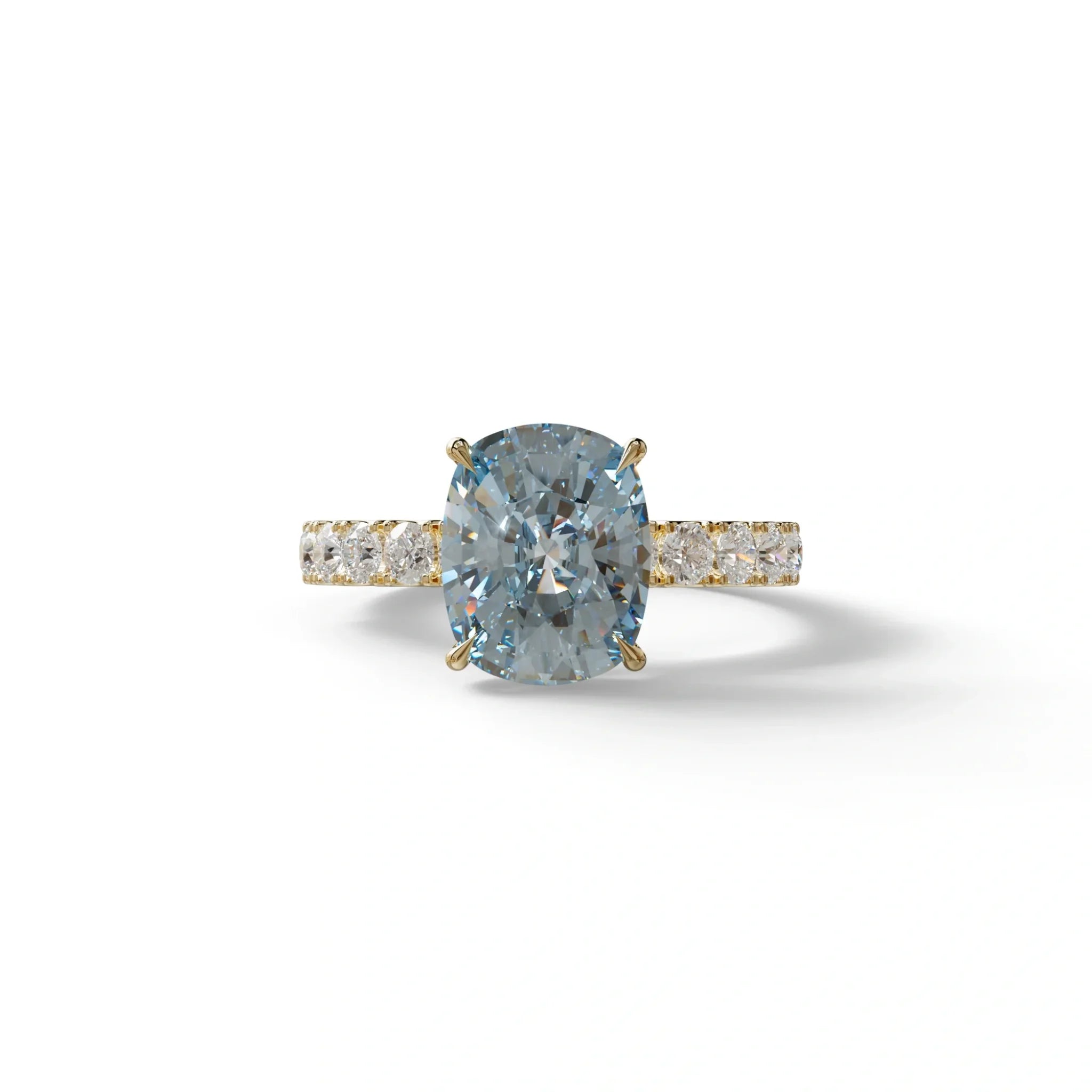 4 Carat Blue Cushion Cut Hidden Halo Eternity Lab Diamond Engagement Ring - Sandrine - 10K Solid Gold / Yellow Gold