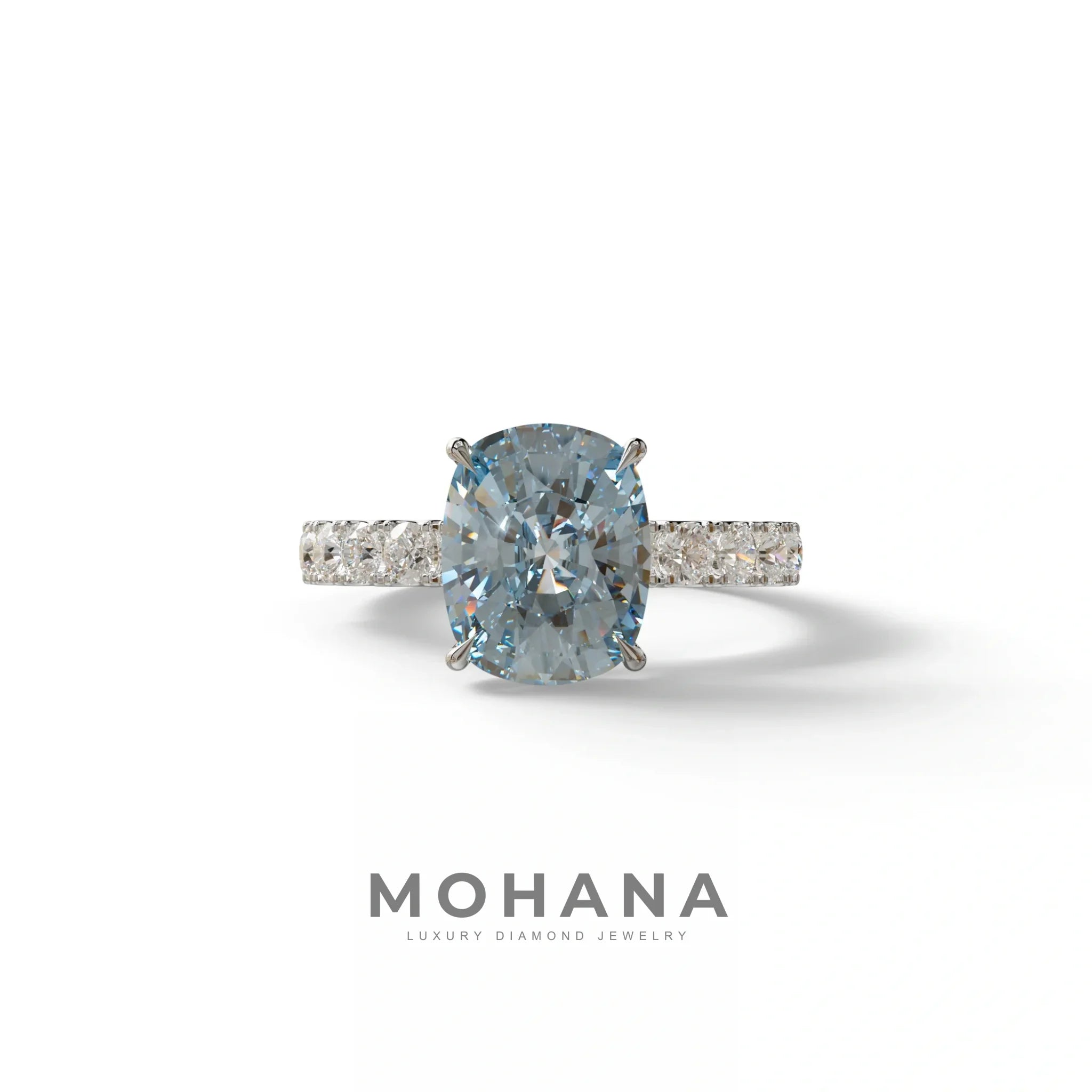 4 Carat Blue Cushion Cut Hidden Halo Eternity Lab Diamond Engagement Ring - Sandrine - 10K Solid Gold / White Gold