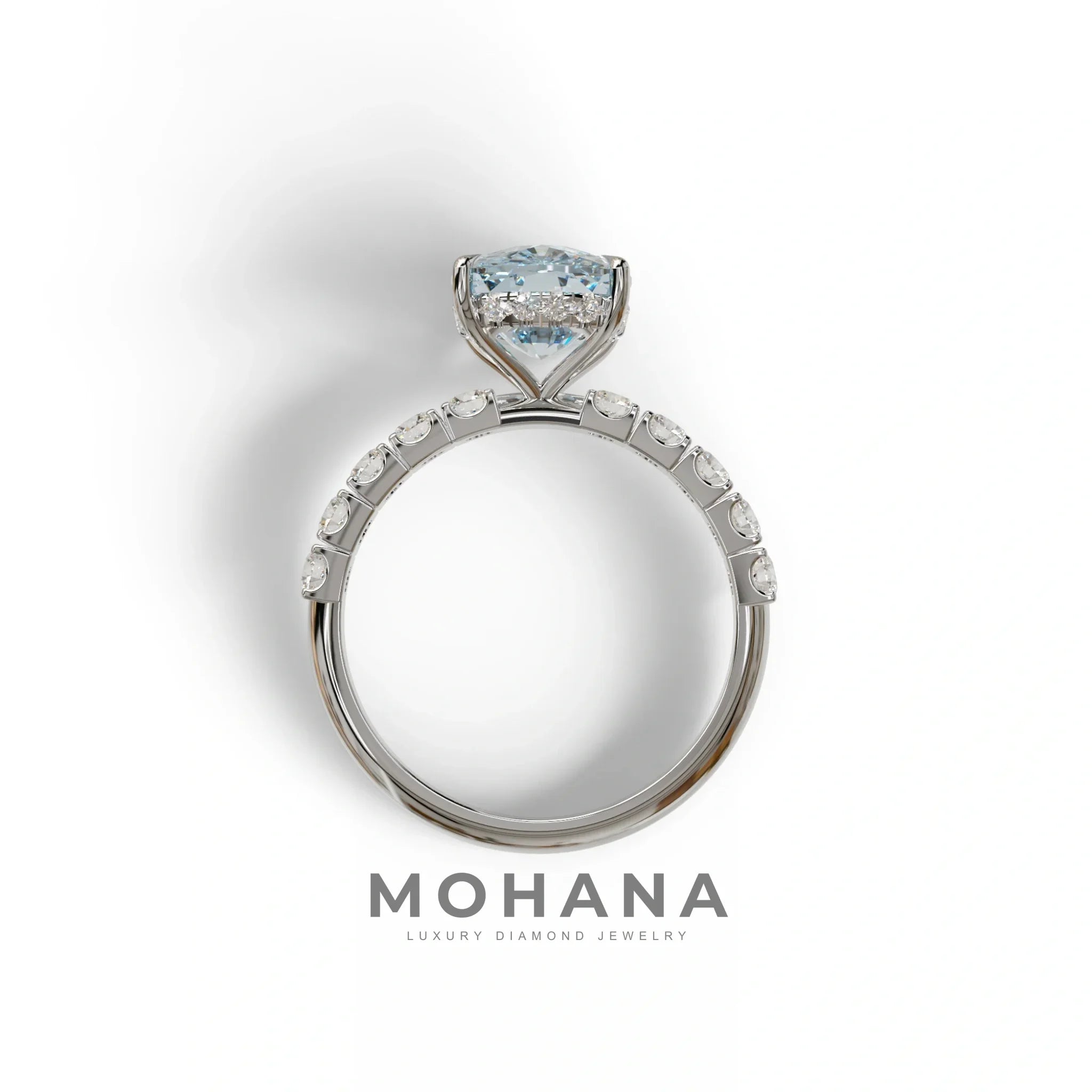 4 Carat Blue Cushion Cut Hidden Halo Eternity Lab Diamond Engagement Ring - Sandrine