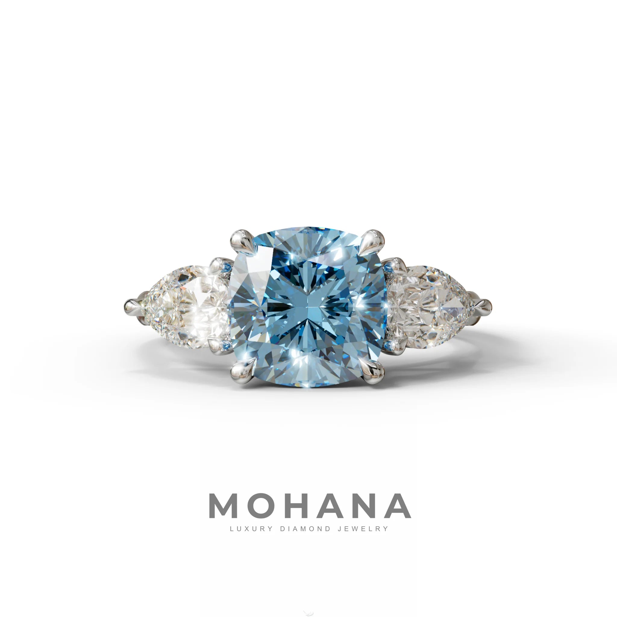 3 Ct Blue Cushion Cut Lab Diamond In 3 Stones Claw Prongs Setting Ring - 10K Solid Gold / White Gold