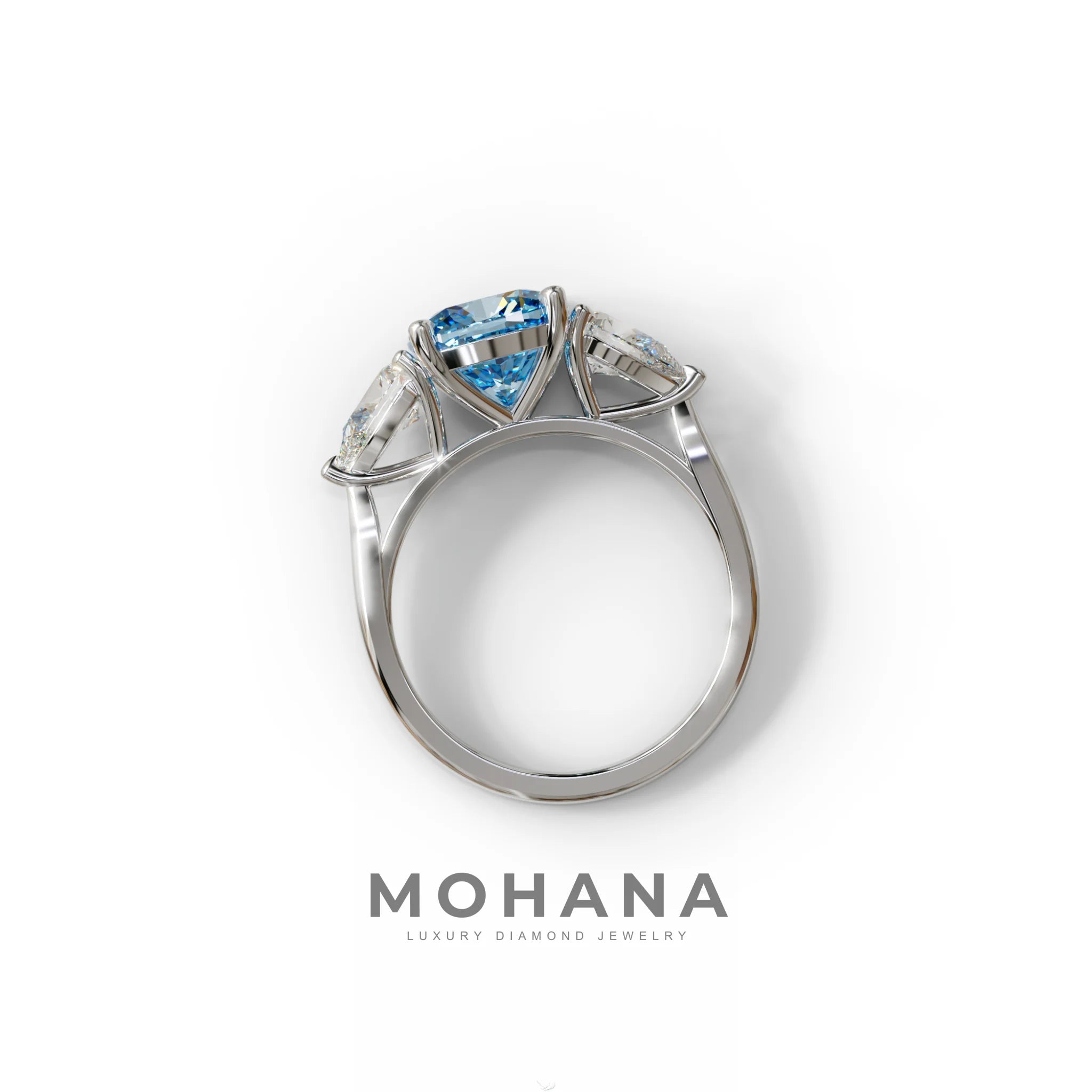 3 Ct Blue Cushion Cut Lab Diamond In 3 Stones Claw Prongs Setting Ring