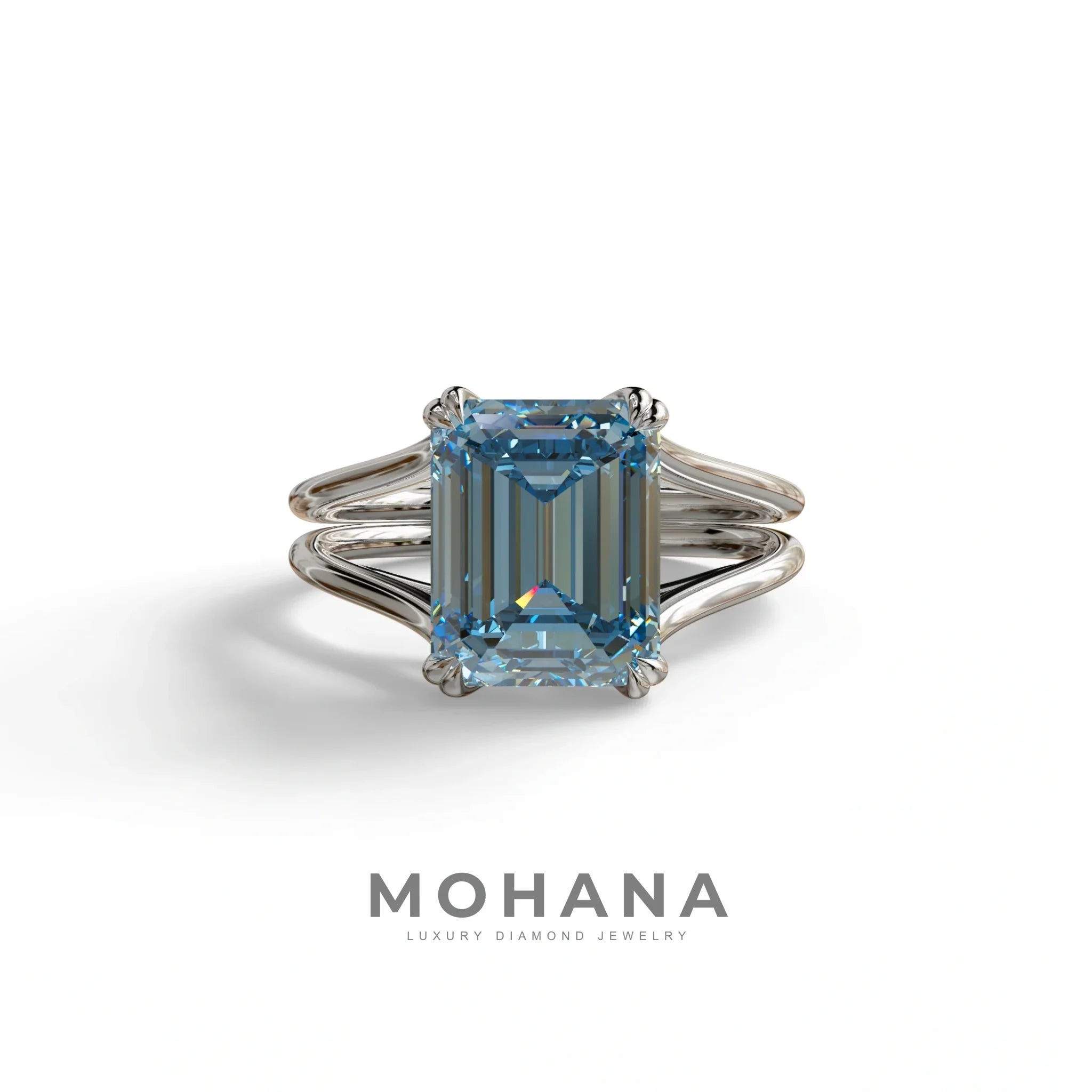 4 Carat Fancy Blue Emerald Cut Lab Grown Diamond Engagement Ring - Tesira - 10K Solid Gold / White Gold