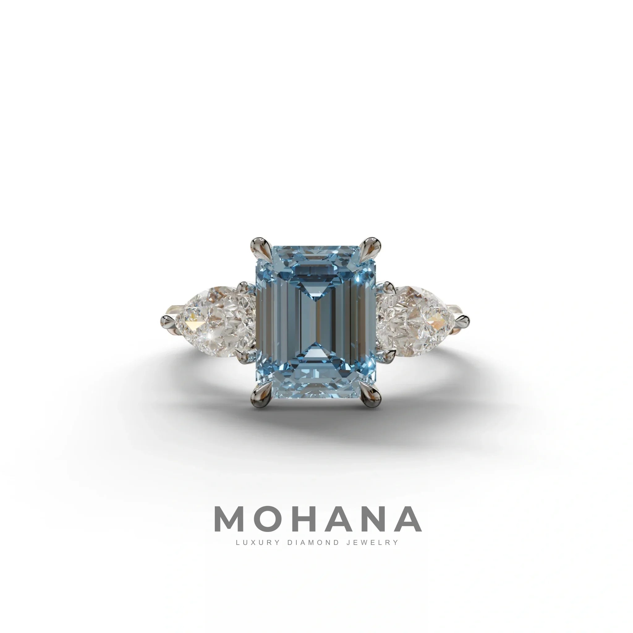 4 Carat Fancy Blue Emerald & Pear Cut Three Stone Lab Grown Diamond Engagement Ring - 10K Solid Gold / White Gold