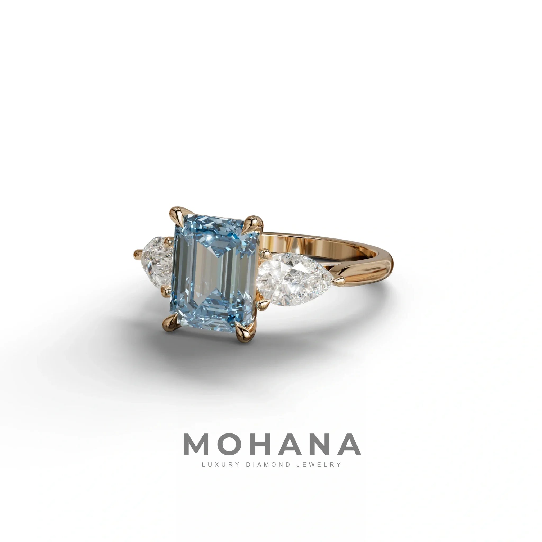 4 Carat Fancy Blue Emerald & Pear Cut Three Stone Lab Grown Diamond Engagement Ring