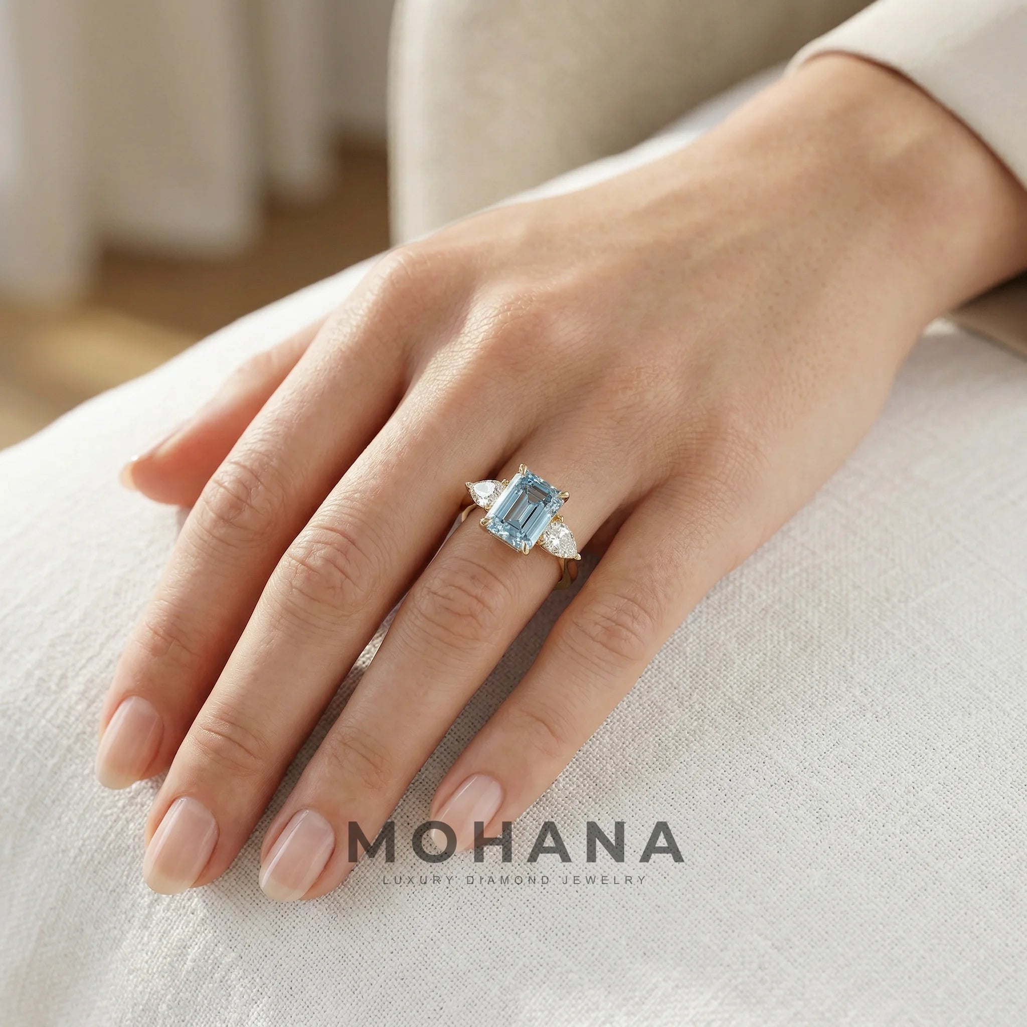 4 Carat Fancy Blue Emerald & Pear Cut Three Stone Lab Grown Diamond Engagement Ring