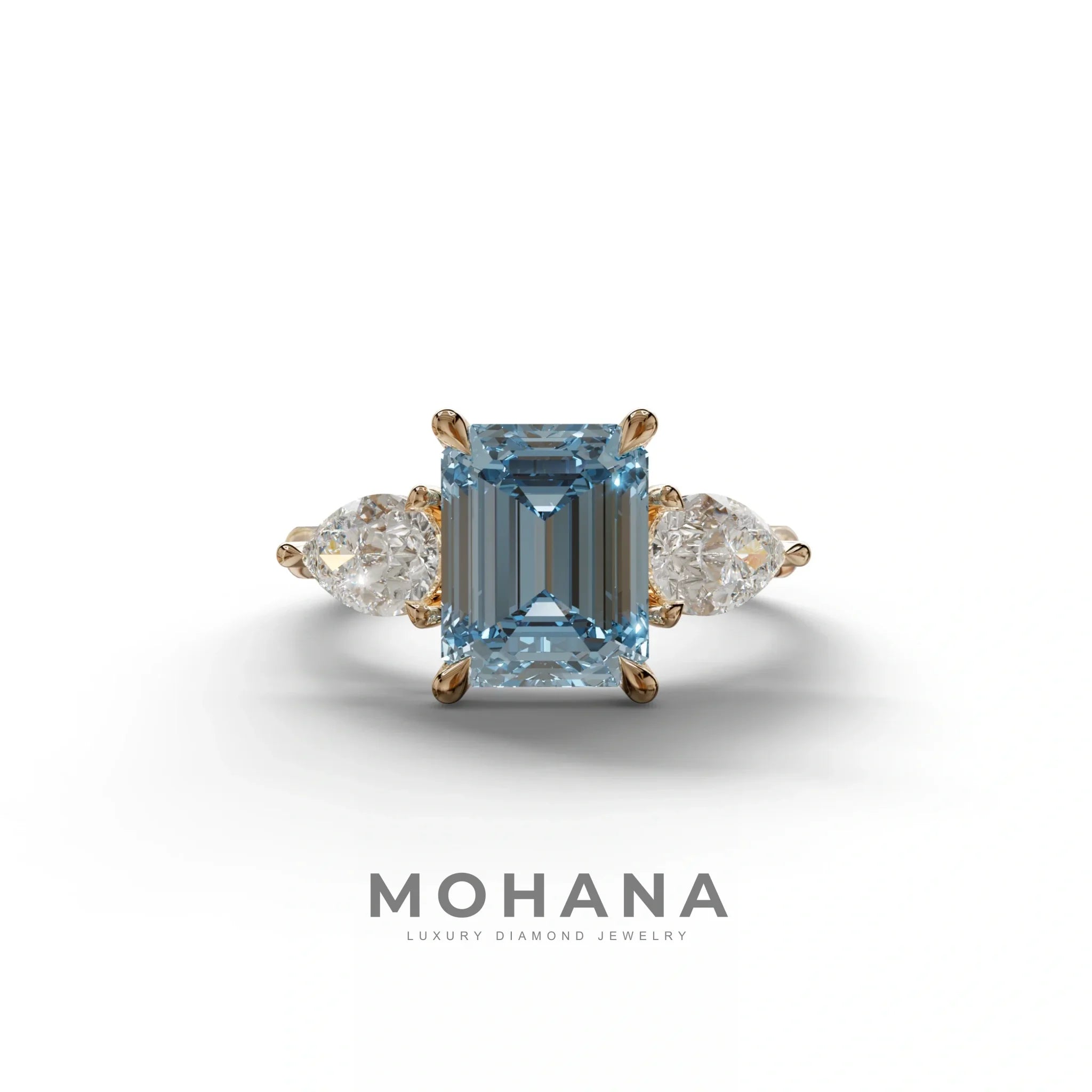 4 Carat Fancy Blue Emerald & Pear Cut Three Stone Lab Grown Diamond Engagement Ring - 10K Solid Gold / Rose Gold