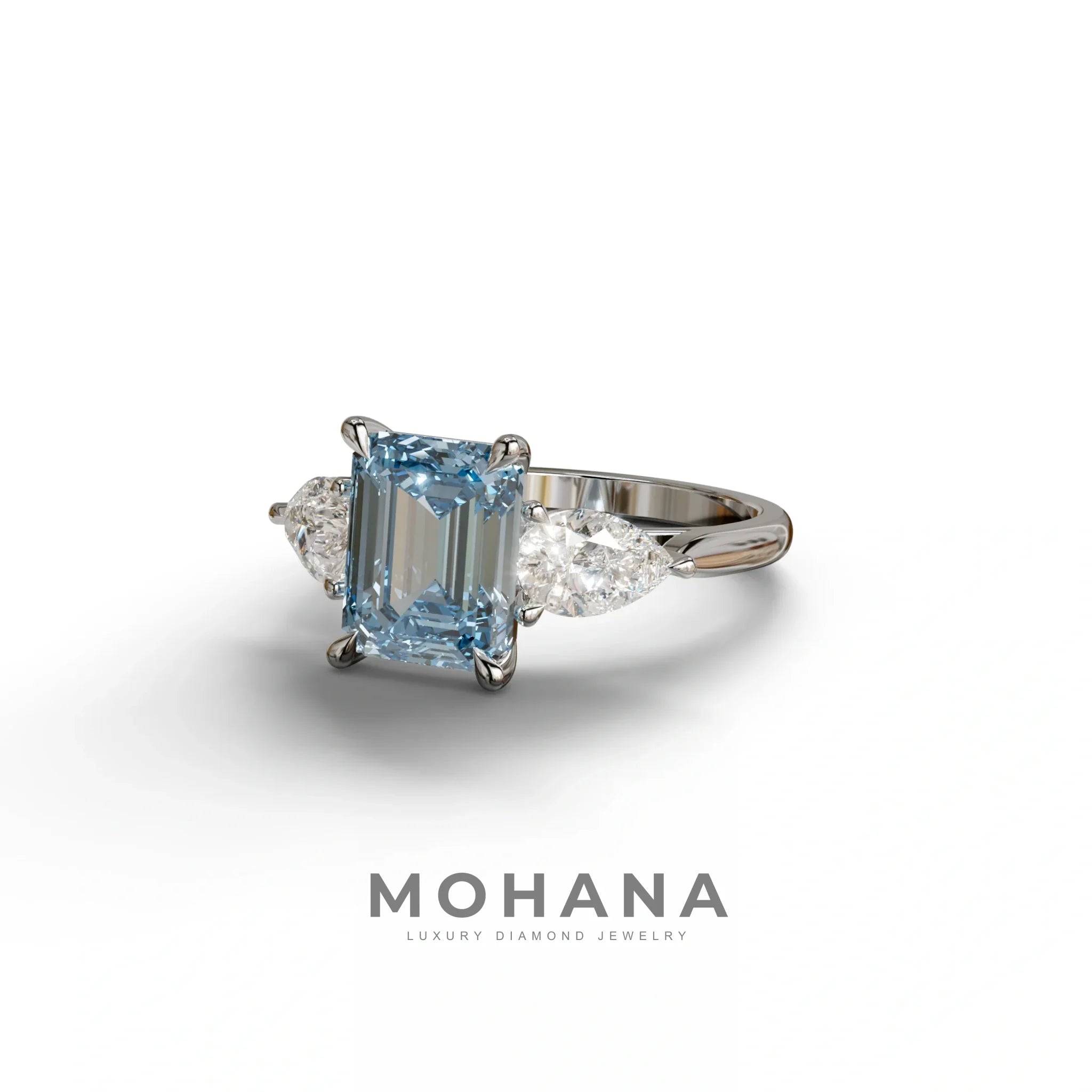 4 Carat Fancy Blue Emerald & Pear Cut Three Stone Lab Grown Diamond Engagement Ring