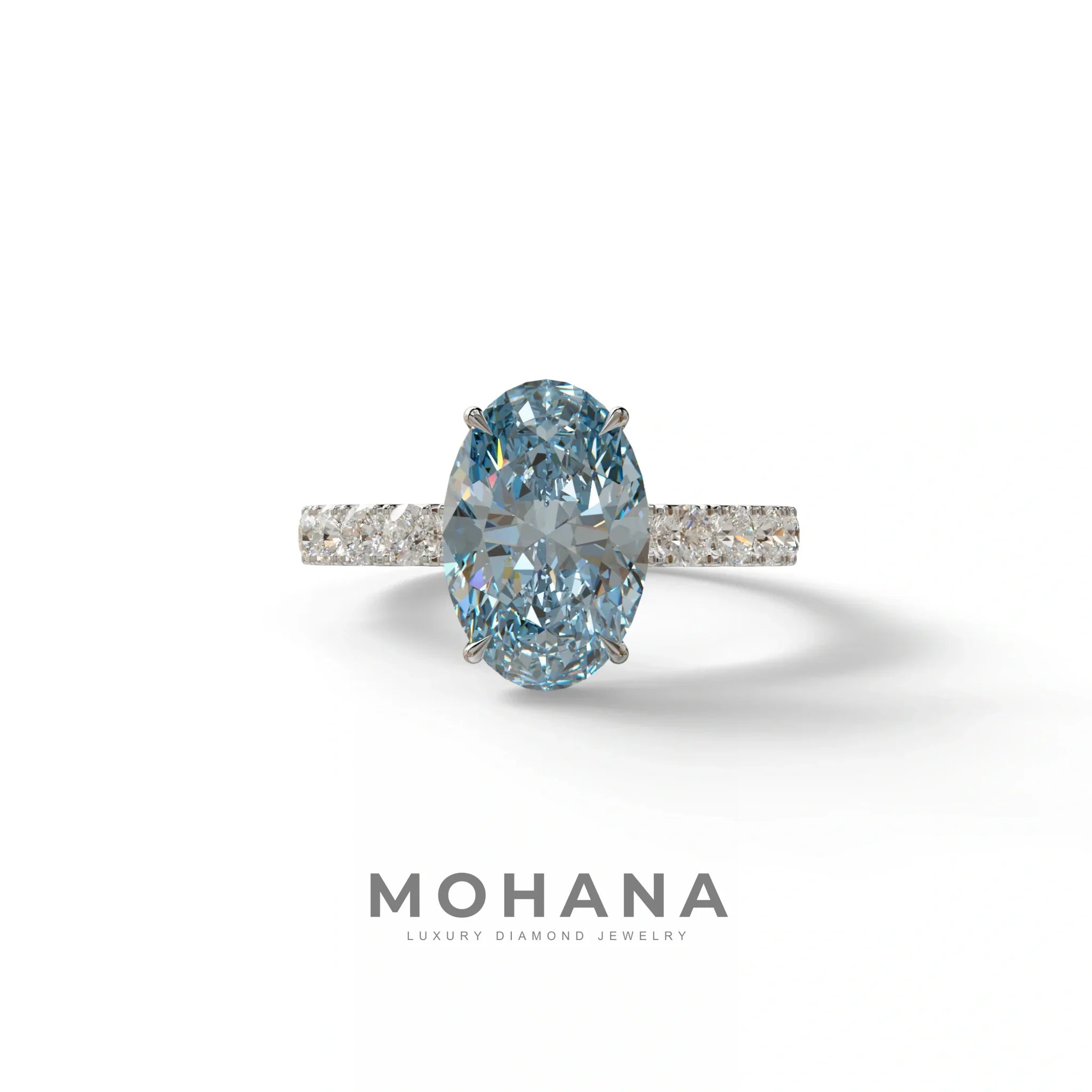 4 Carat Blue Oval Cut Hidden Halo Lab Diamond Engagement Ring - Christie’s - 10K Solid Gold / White Gold