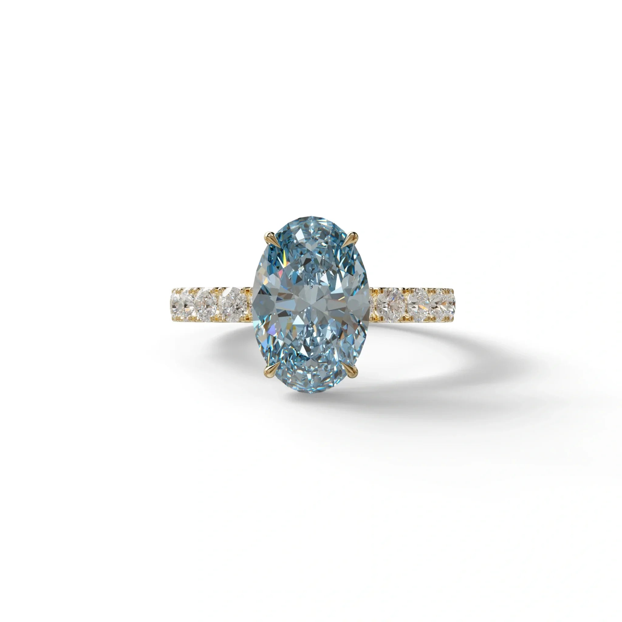 4 Carat Blue Oval Cut Hidden Halo Lab Diamond Engagement Ring - Christie’s - 10K Solid Gold / Yellow Gold