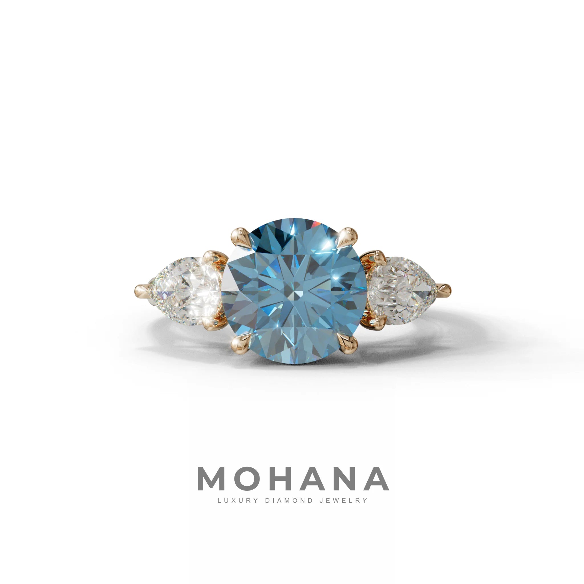 5 Carat Blue Round & Pear Cut Three Stone Lab Diamond Ring - Luminous - 10K Solid Gold / Rose Gold