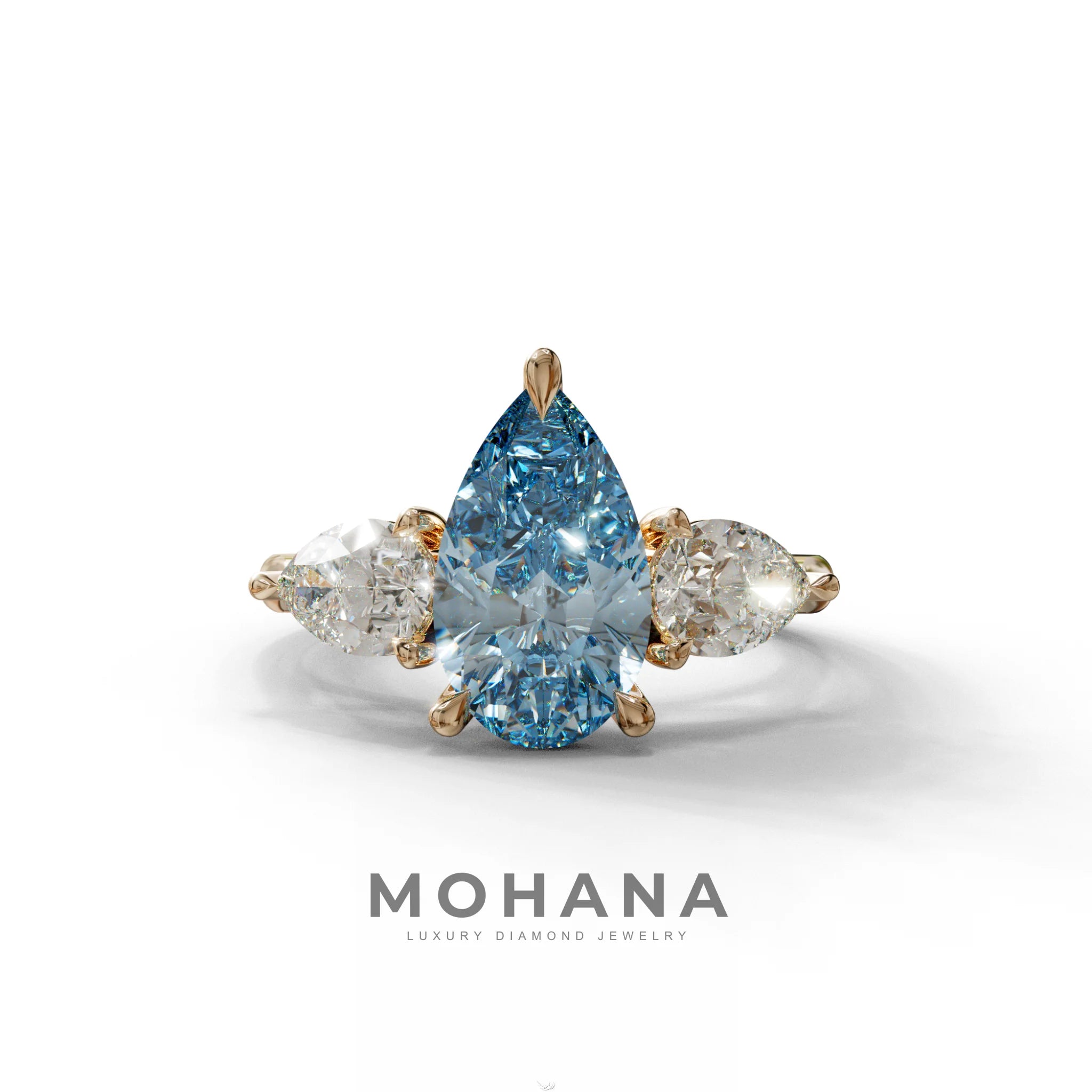 3 Carat Blue Pear Cut Lab Diamond In 3 Stones Claw Prongs Setting Ring - 10K Solid Gold / Rose Gold