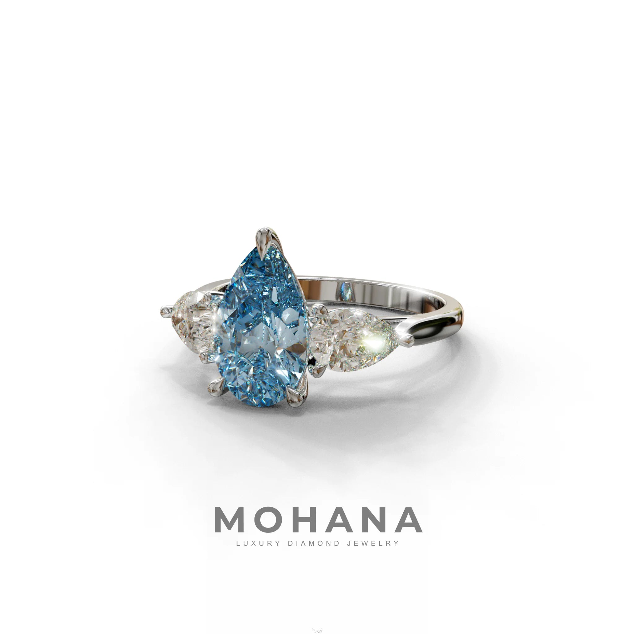 3 Carat Blue Pear Cut Lab Diamond In 3 Stones Claw Prongs Setting Ring