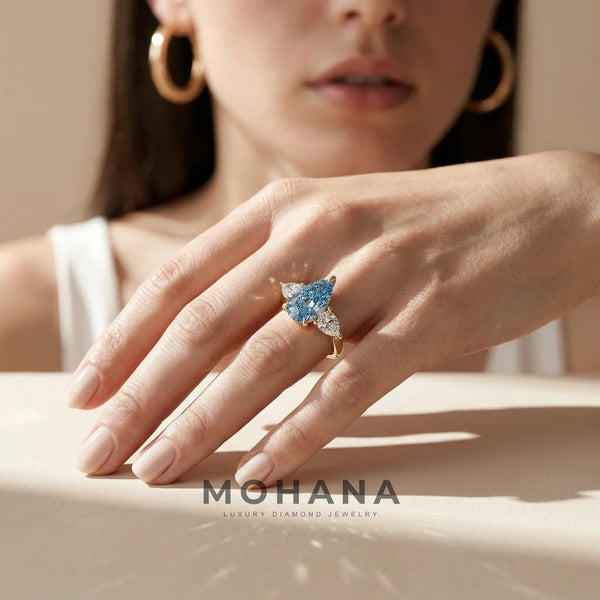 4 Carat Blue Lab Grown Diamond Engagement Ring – Pear Cut Three Stone alternate view