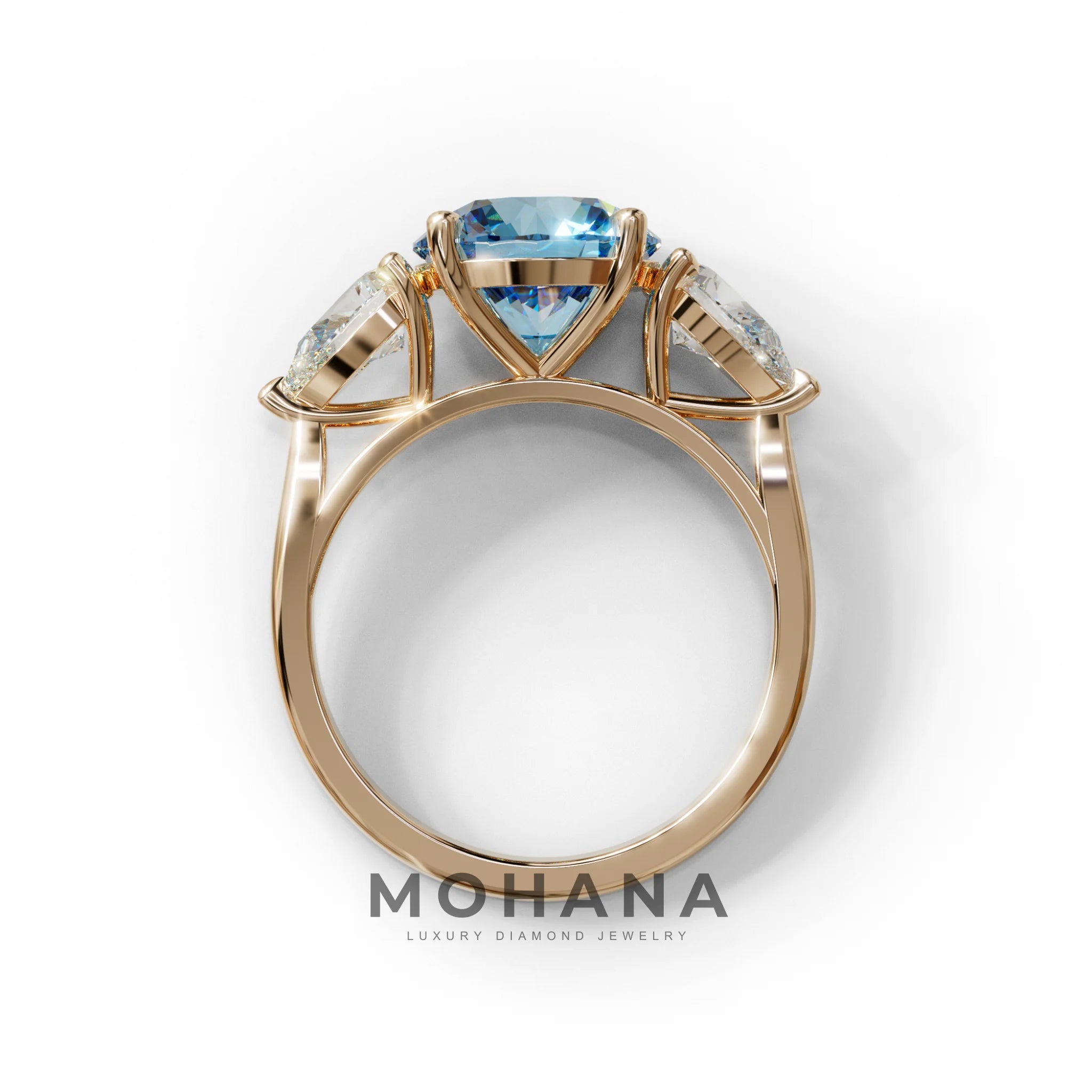 5 Carat Blue Round & Pear Cut Three Stone Lab Diamond Ring - Luminous