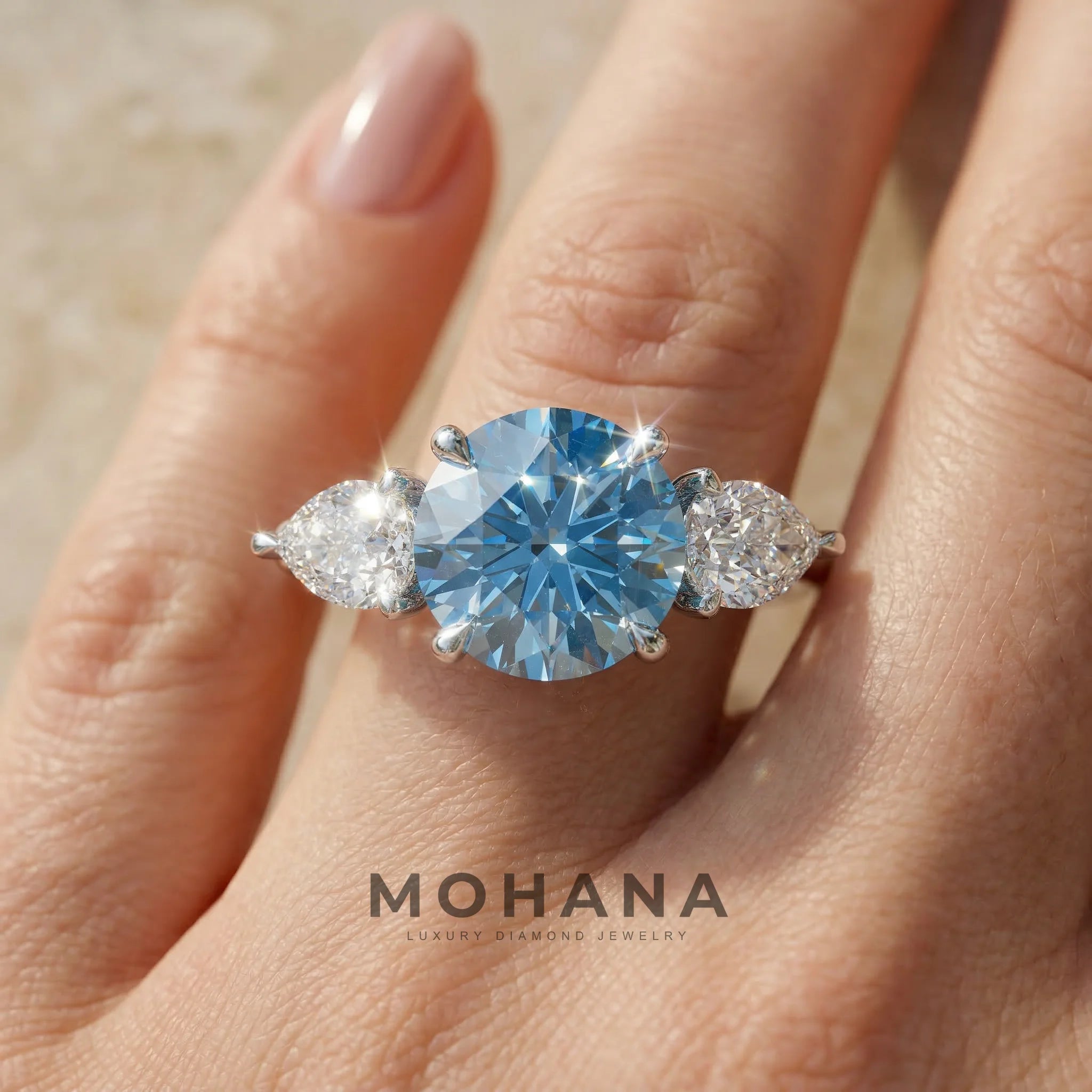 4 Carat Fancy Blue Round & Pear Cut Lab Grown Diamond Three Stone Engagement Ring