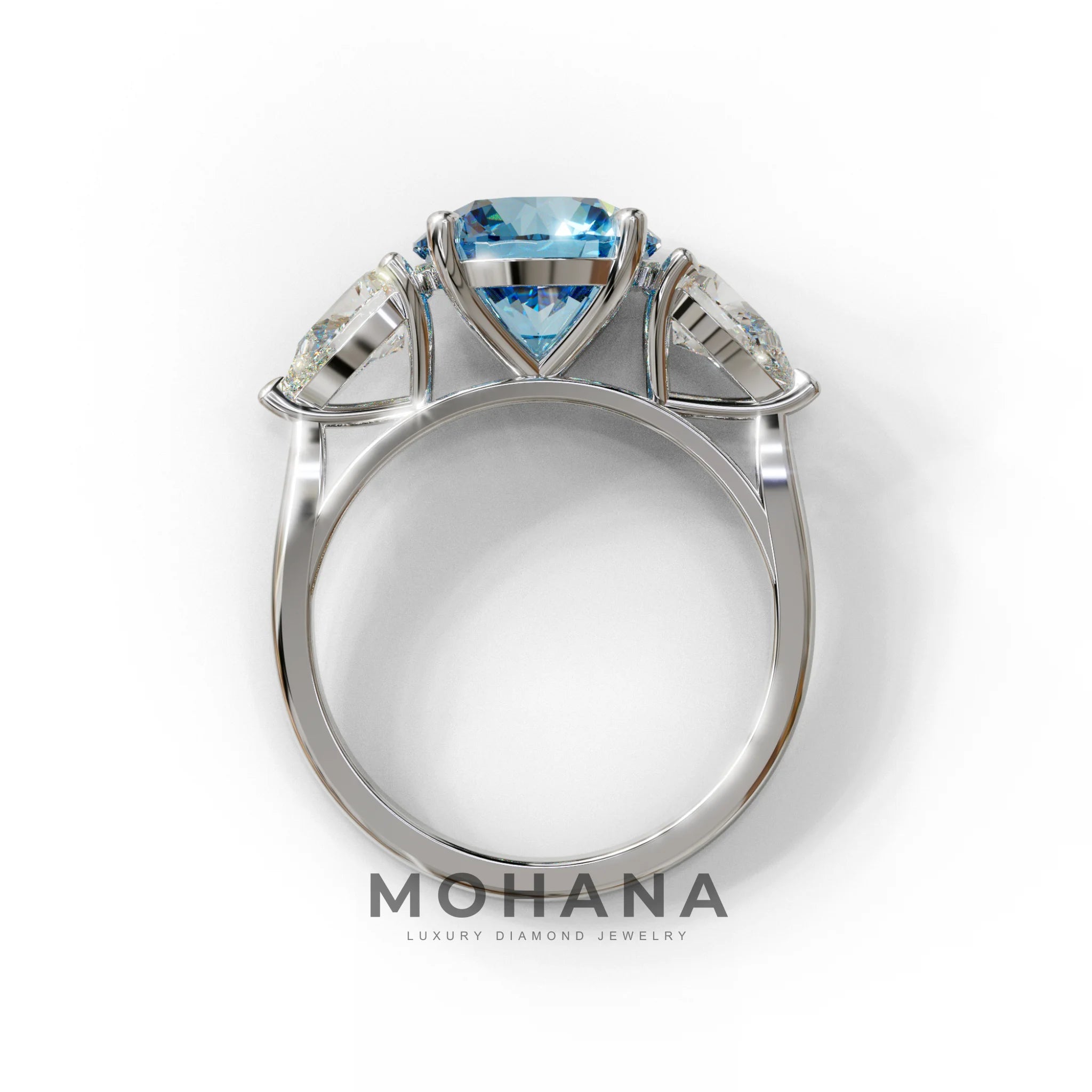 5 Carat Blue Round & Pear Cut Three Stone Lab Diamond Ring - Luminous