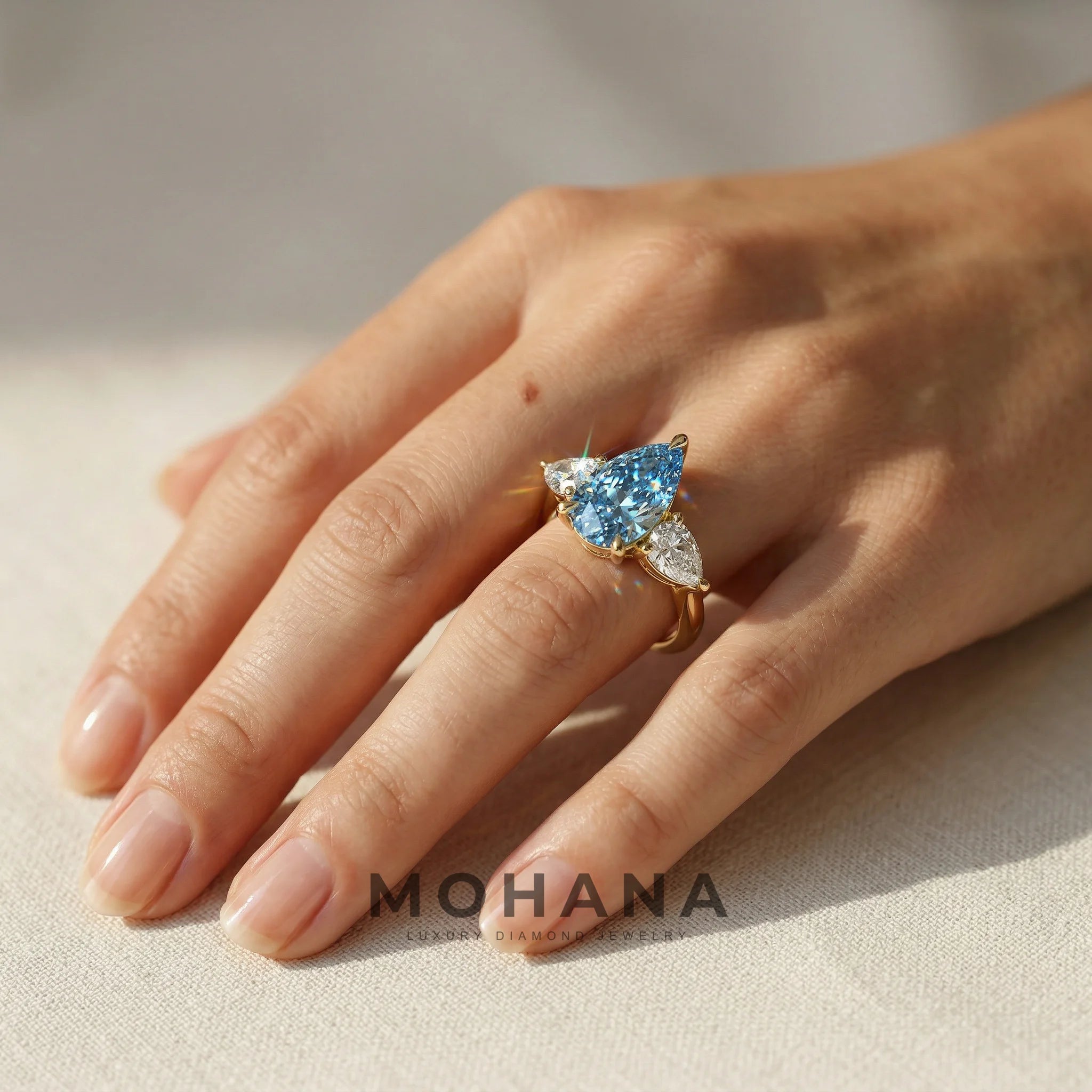 4 Carat Fancy Blue Pear Cut Three Stone Lab Grown Diamond Engagement Ring