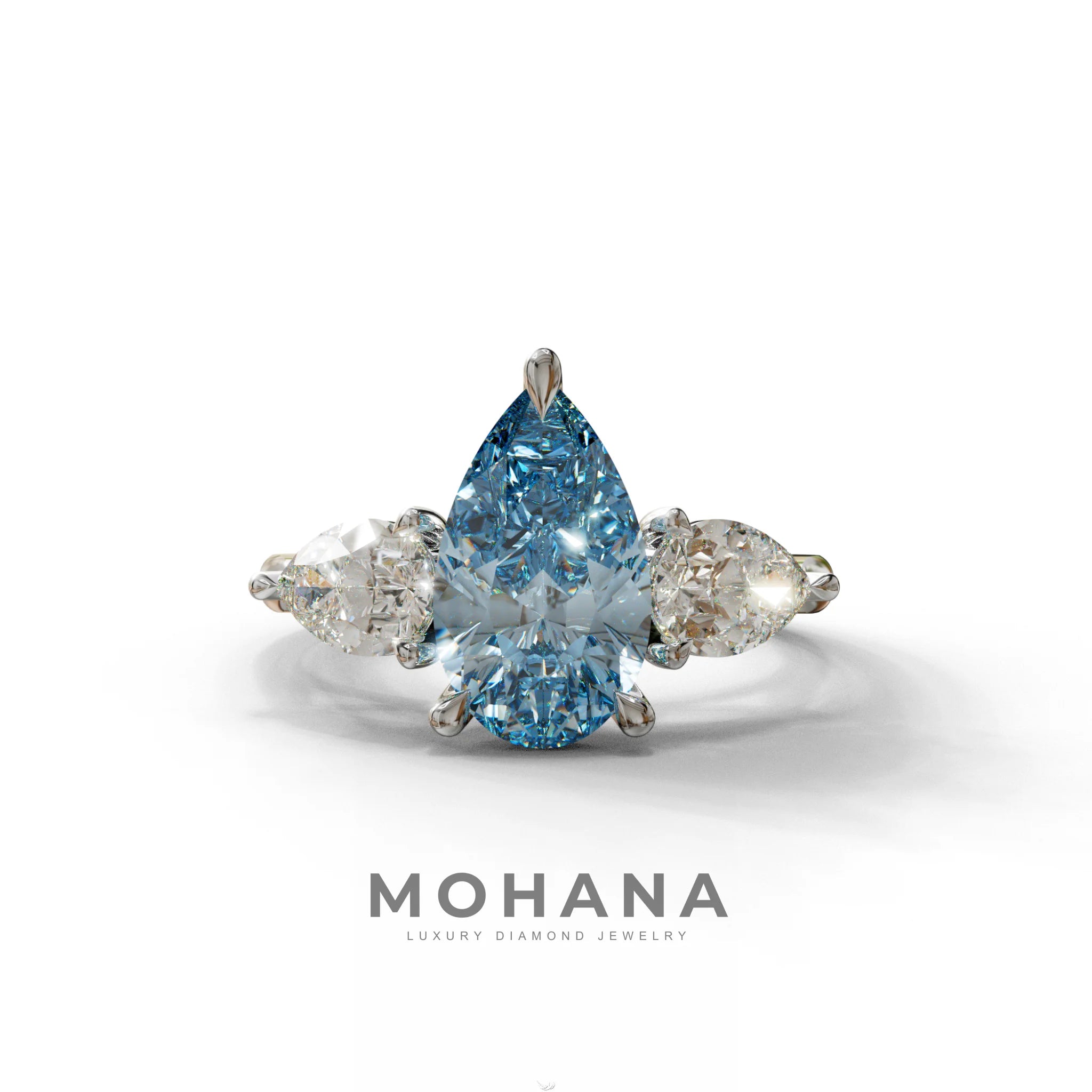 3 Carat Blue Pear Cut Lab Diamond In 3 Stones Claw Prongs Setting Ring - 10K Solid Gold / White Gold