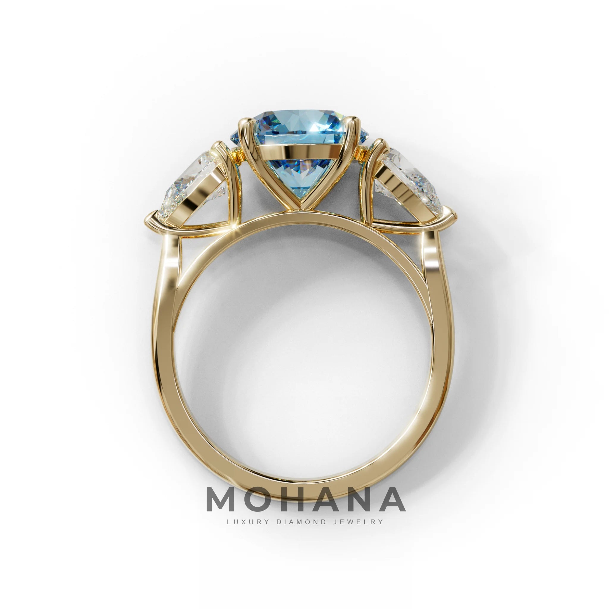 5 Carat Blue Round & Pear Cut Three Stone Lab Diamond Ring - Luminous