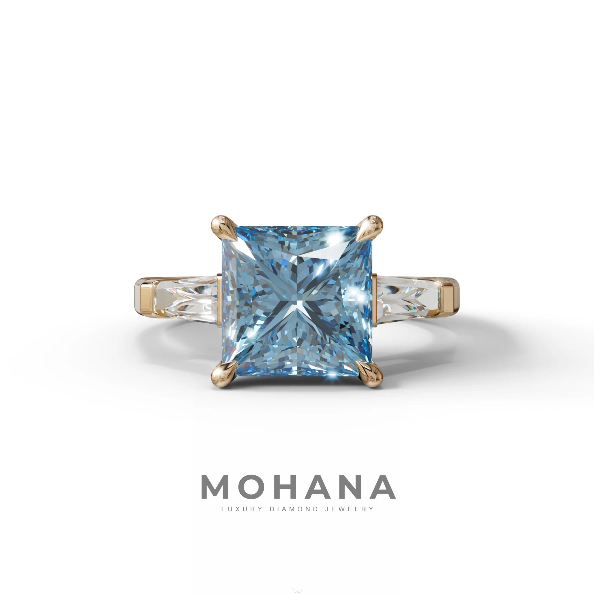 3 Carat Blue Princess & Baguette Cut Lab Grown Diamond Ring - Alluring - 10K Solid Gold / Rose Gold