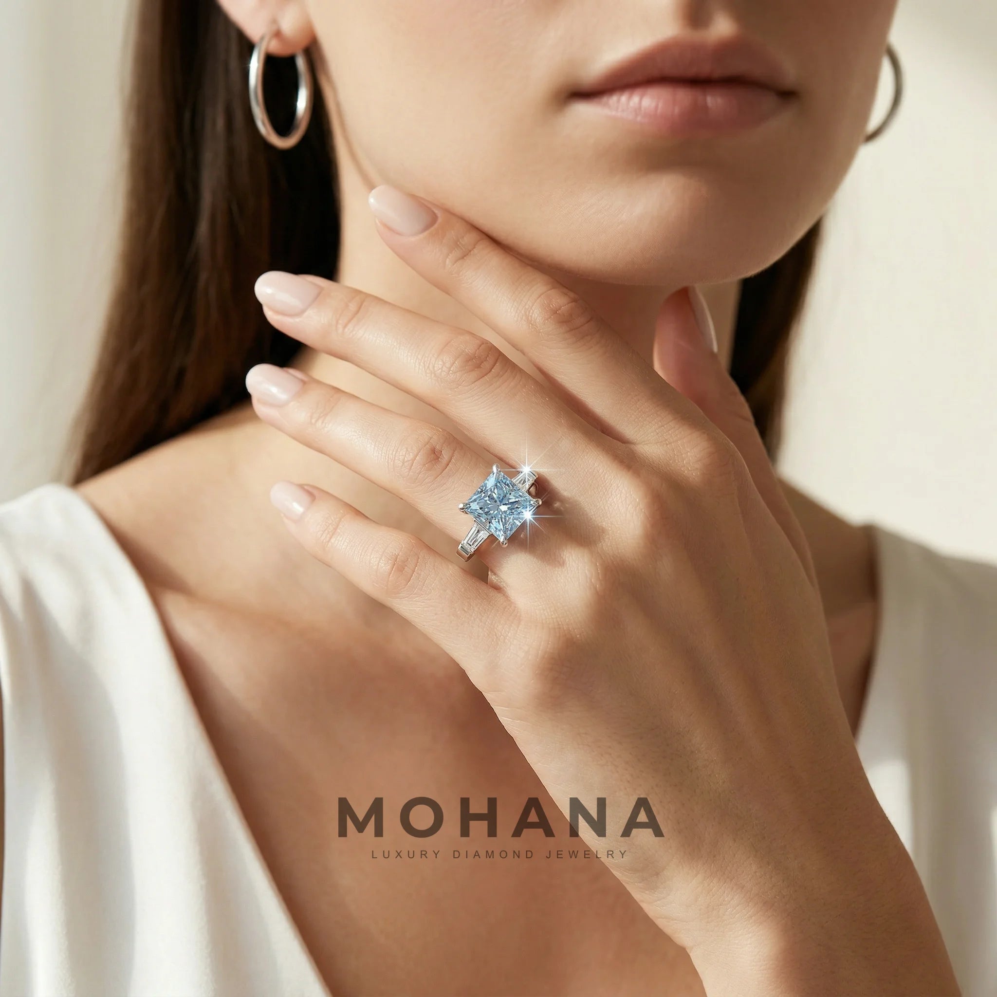4ct Fancy Blue Princess & Tapered Baguette Three Stone Lab Diamond Ring - Alluring