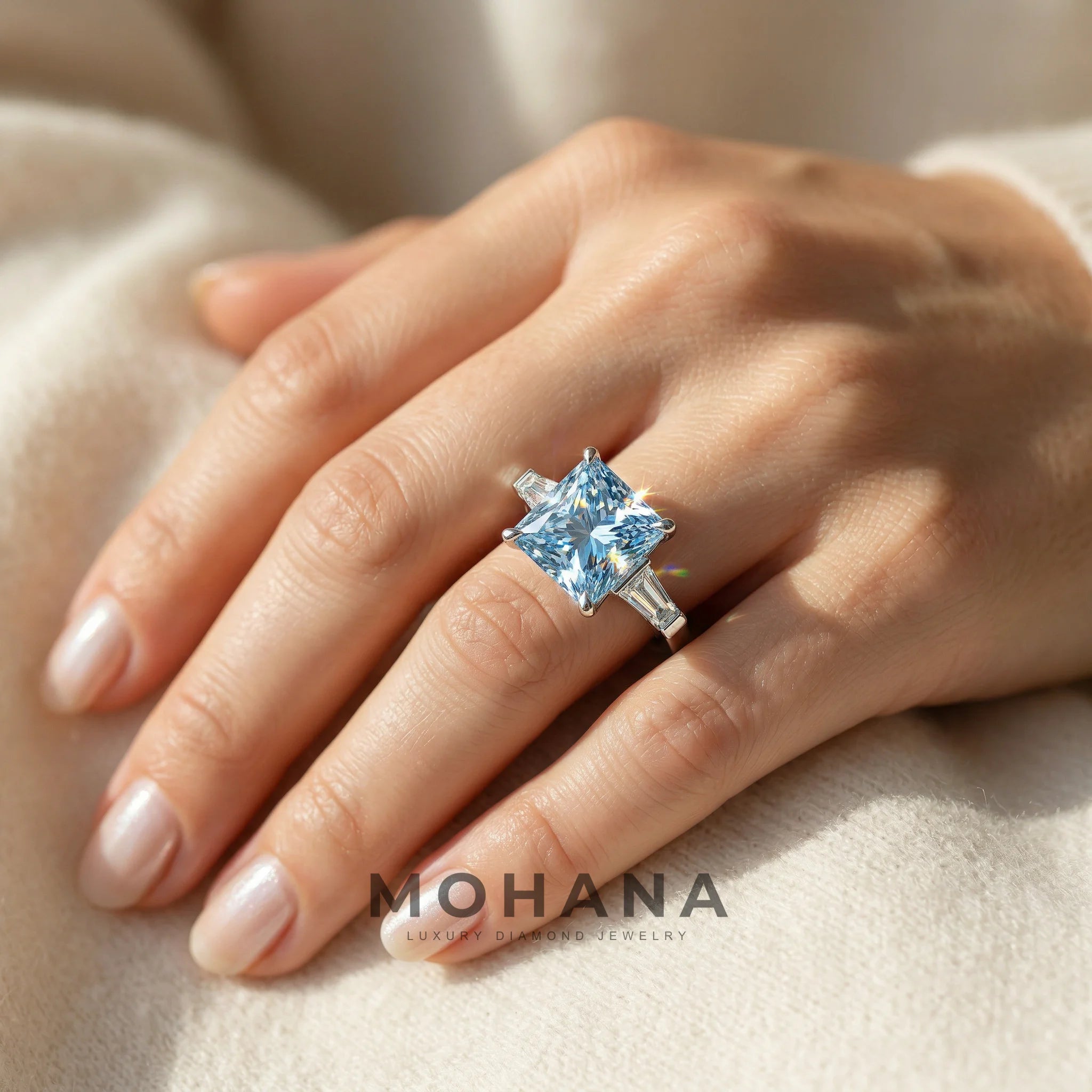 4ct Fancy Blue Princess & Tapered Baguette Three Stone Lab Diamond Ring - Alluring
