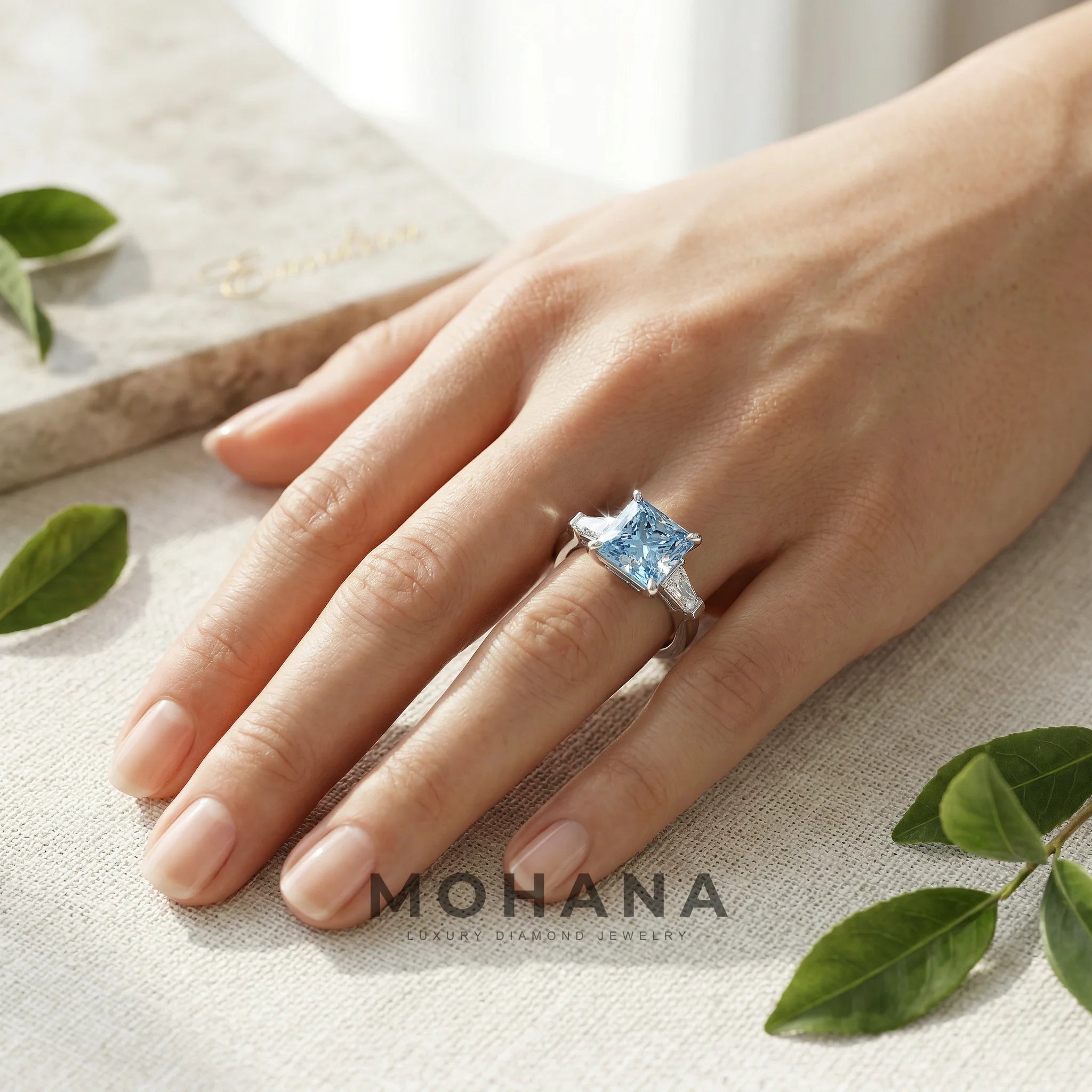 4ct Fancy Blue Princess & Tapered Baguette Three Stone Lab Diamond Ring - Alluring