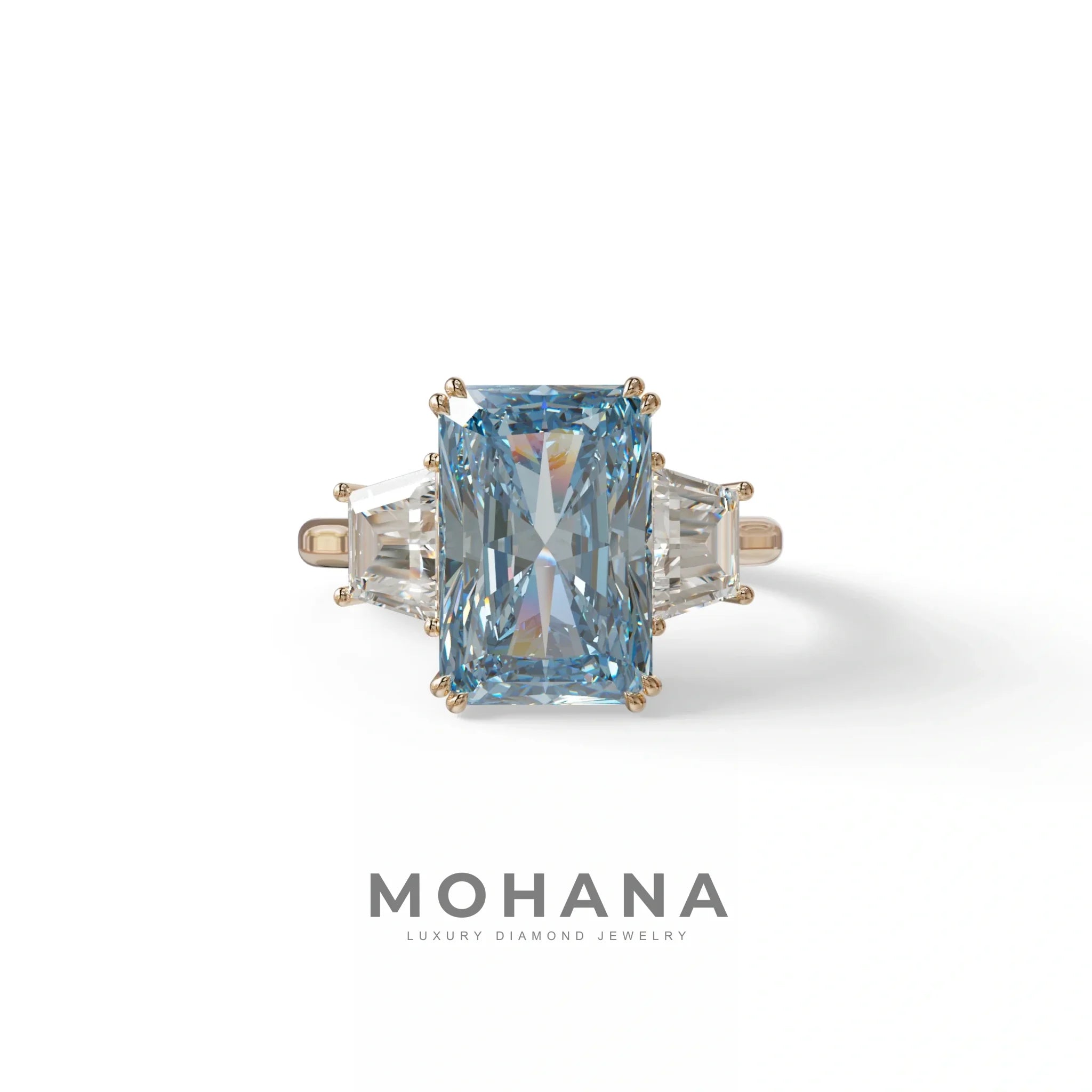 4 Carat Blue Lab Grown Diamond Engagement Ring – Radiant Cut Three Stone | Tacor