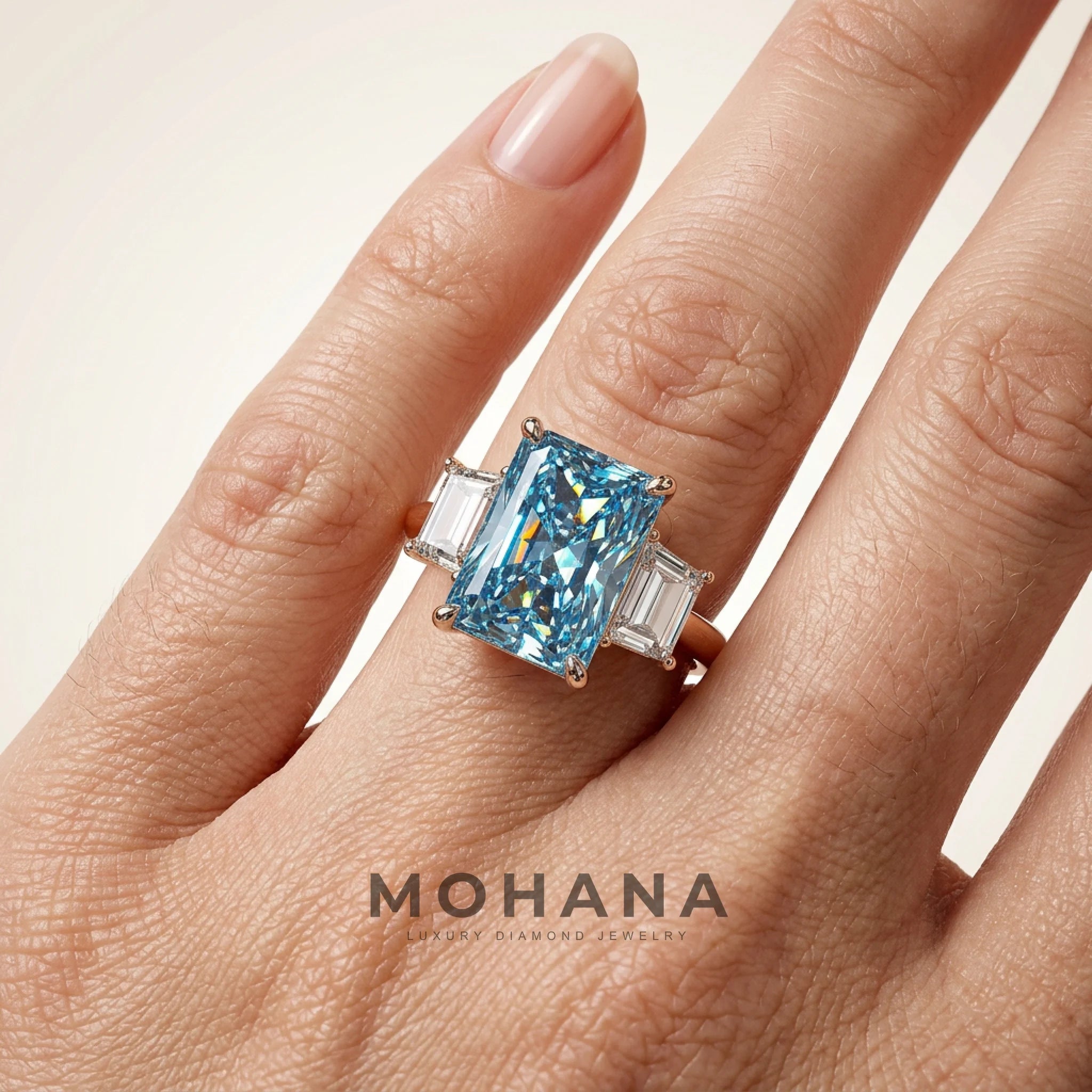4 Carat Blue Radiant Lab Grown Diamond Engagement Ring Three Stone Trapezoid Cut