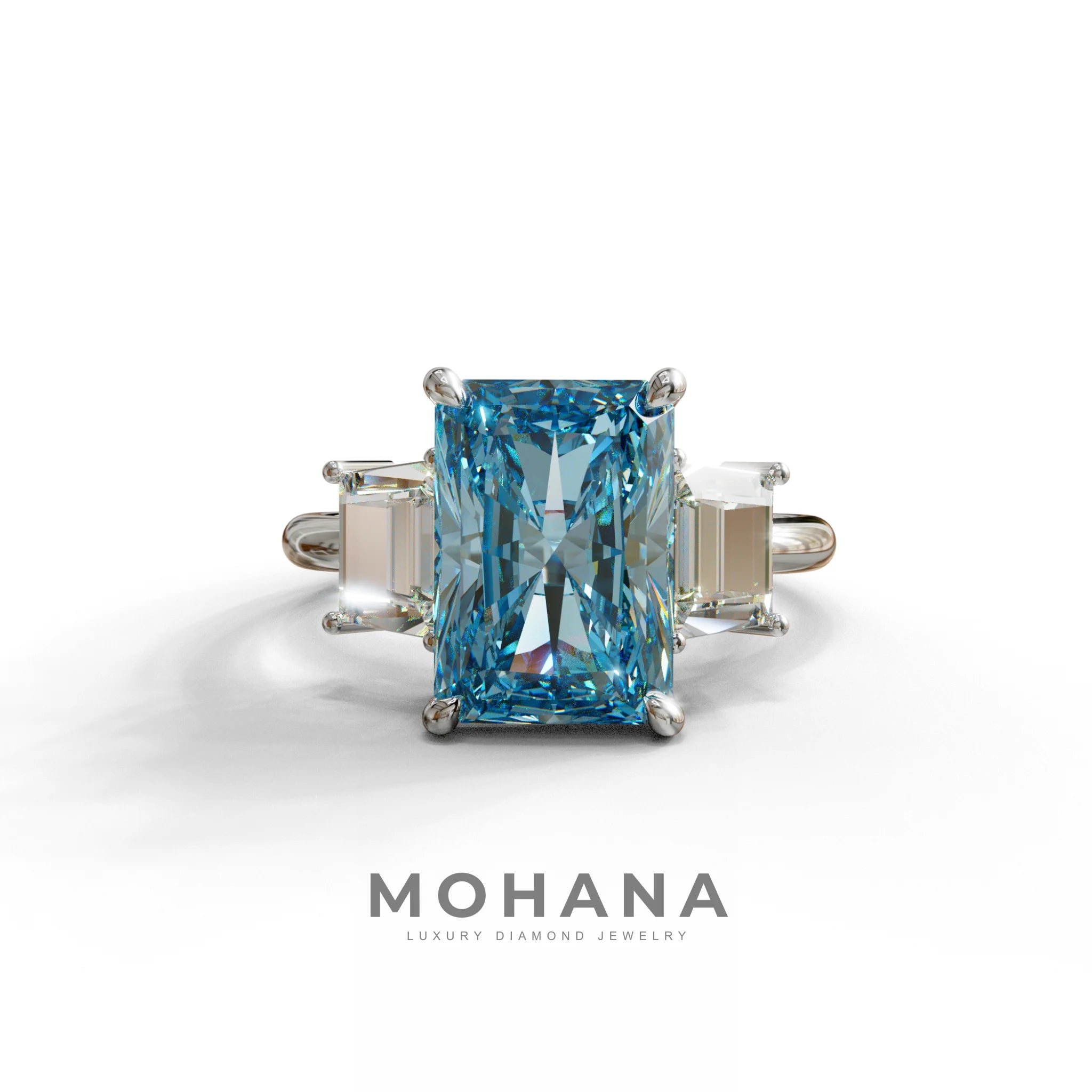 4 Carat Blue Radiant & Trapezoid Three Stone Engagement Ring - Embrace - 10K Solid Gold / White Gold