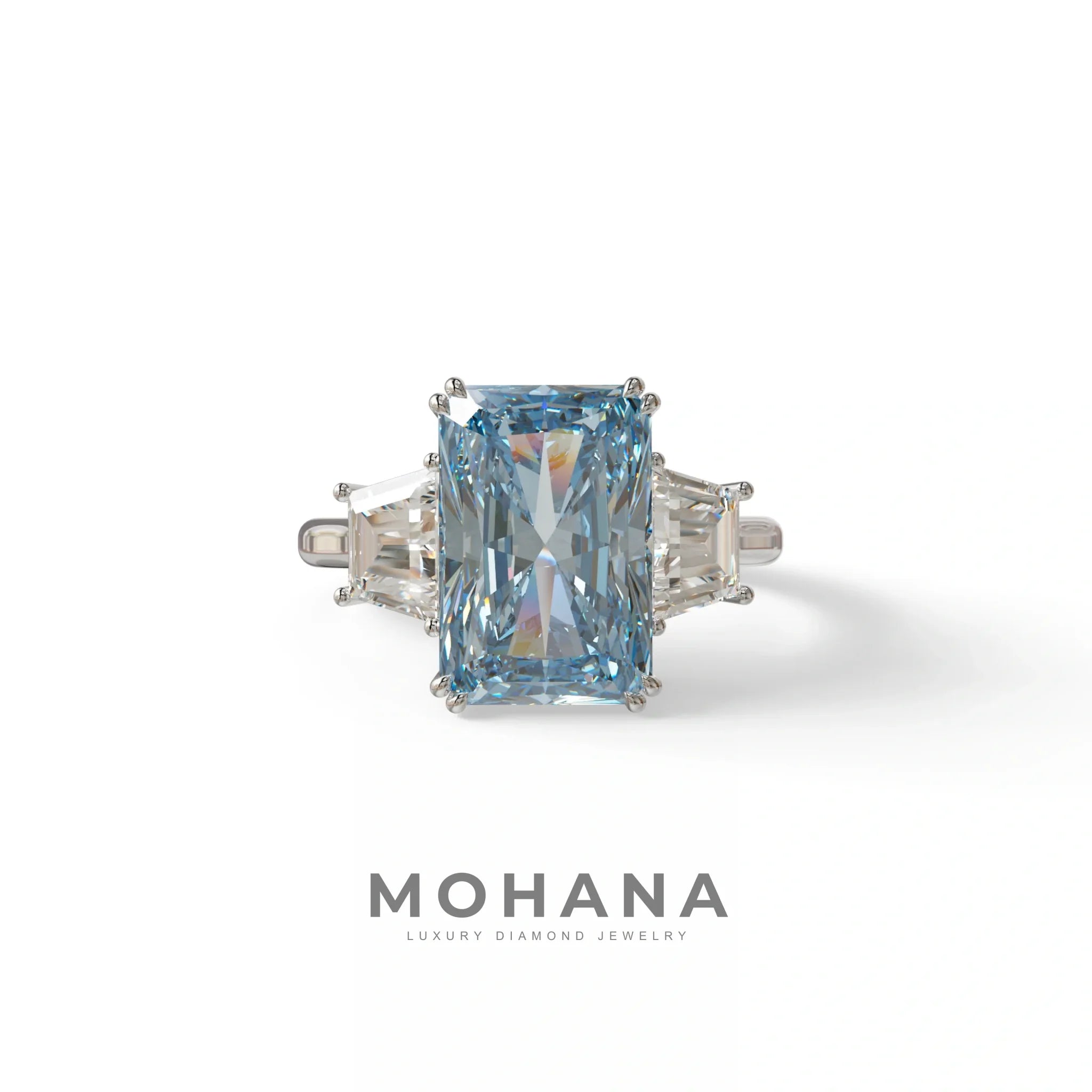 4 Carat Blue Lab Grown Diamond Engagement Ring – Radiant Cut Three Stone | Tacor