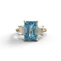 4 Carat Blue Radiant & Trapezoid Three Stone Engagement Ring - Embrace - 10K Solid Gold / Yellow Gold