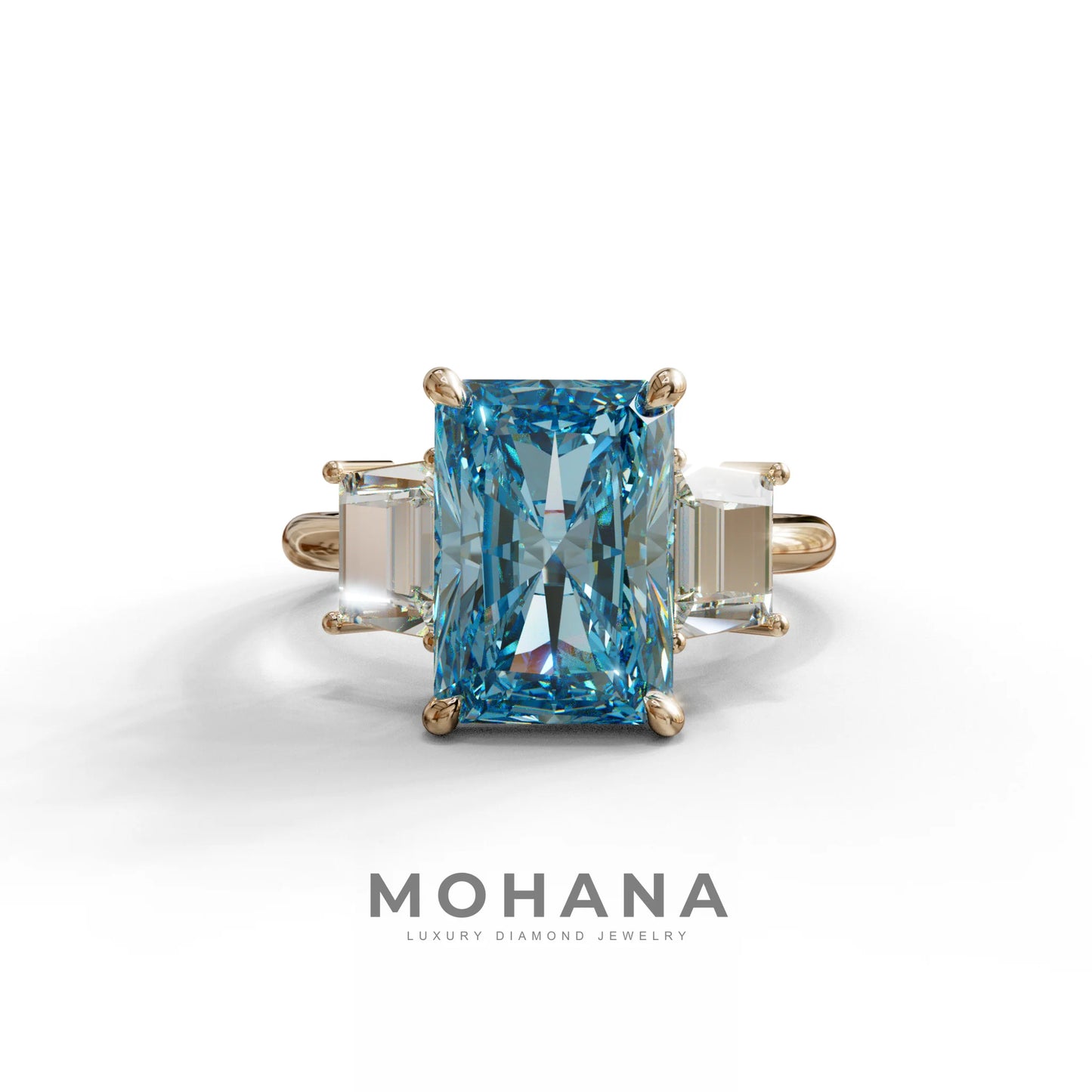 4 Carat Blue Radiant & Trapezoid Three Stone Engagement Ring - Embrace - 10K Solid Gold / Rose Gold