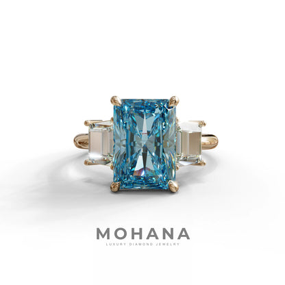 4 Carat Blue Radiant & Trapezoid Three Stone Engagement Ring - Embrace - 10K Solid Gold / Rose Gold