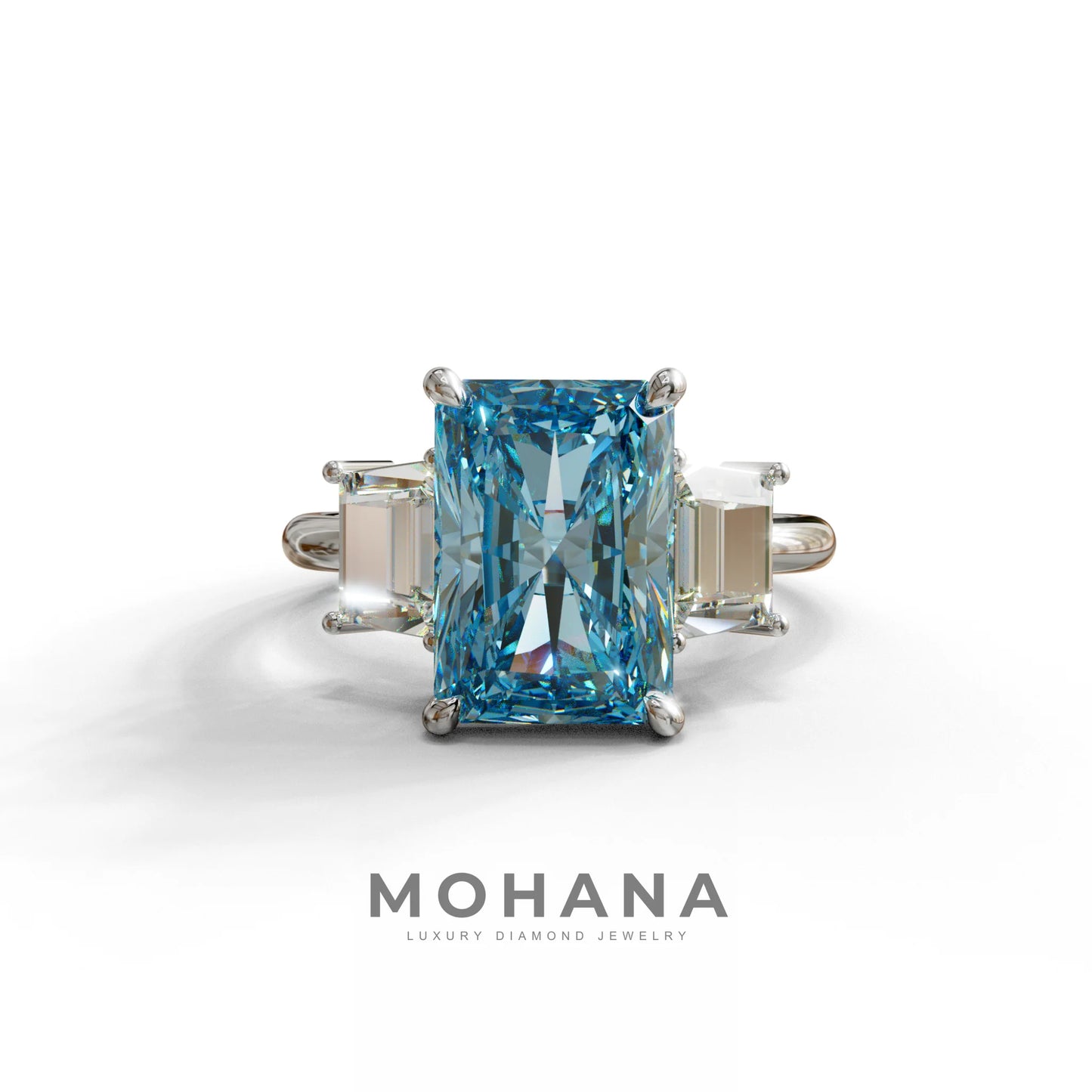 4 Carat Blue Radiant & Trapezoid Three Stone Engagement Ring - Embrace - 10K Solid Gold / White Gold