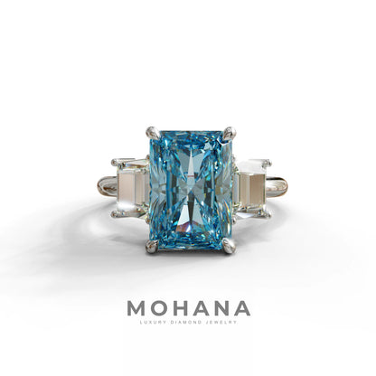 4 Carat Blue Radiant & Trapezoid Three Stone Engagement Ring - Embrace - 10K Solid Gold / White Gold