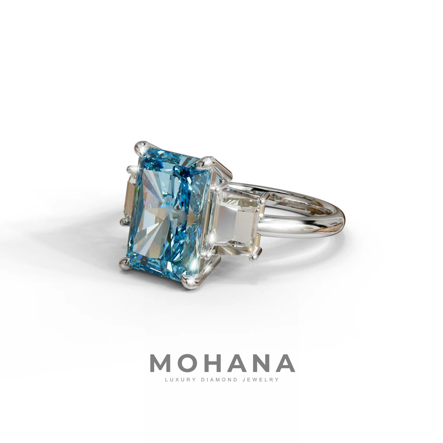 4 Carat Blue Radiant & Trapezoid Three Stone Engagement Ring - Embrace