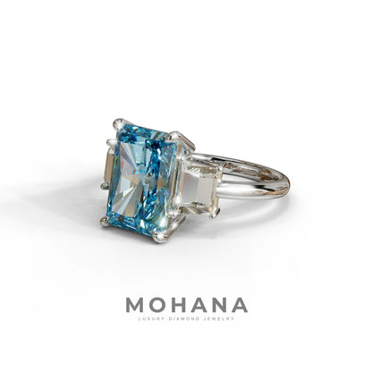 4 Carat Blue Radiant & Trapezoid Three Stone Engagement Ring - Embrace
