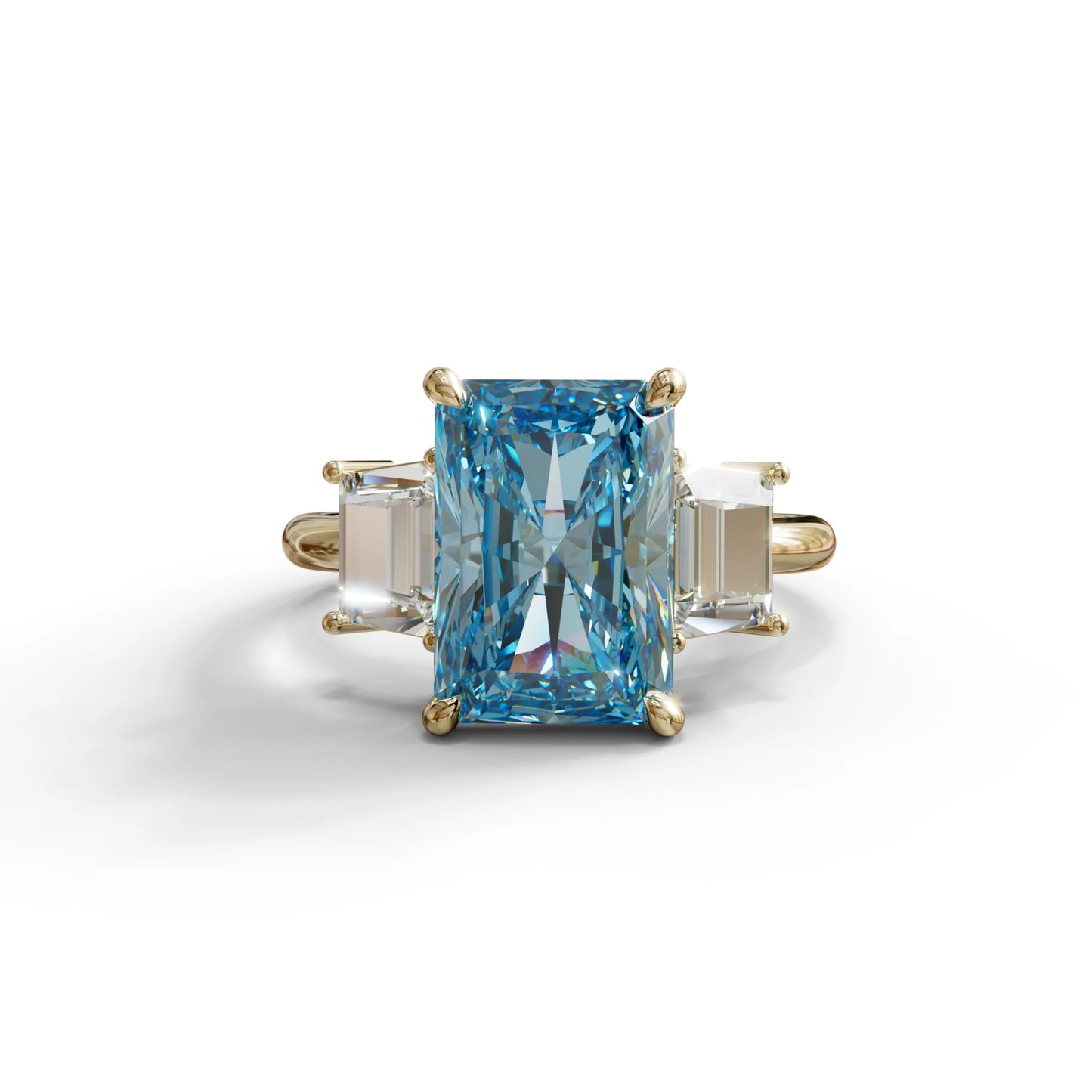 4 Carat Blue Radiant & Trapezoid Three Stone Engagement Ring - Embrace - 10K Solid Gold / Yellow Gold