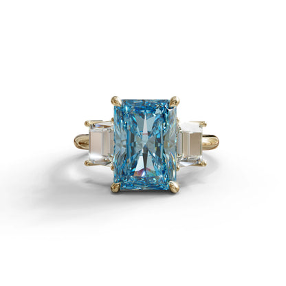 4 Carat Blue Radiant & Trapezoid Three Stone Engagement Ring - Embrace - 10K Solid Gold / Yellow Gold