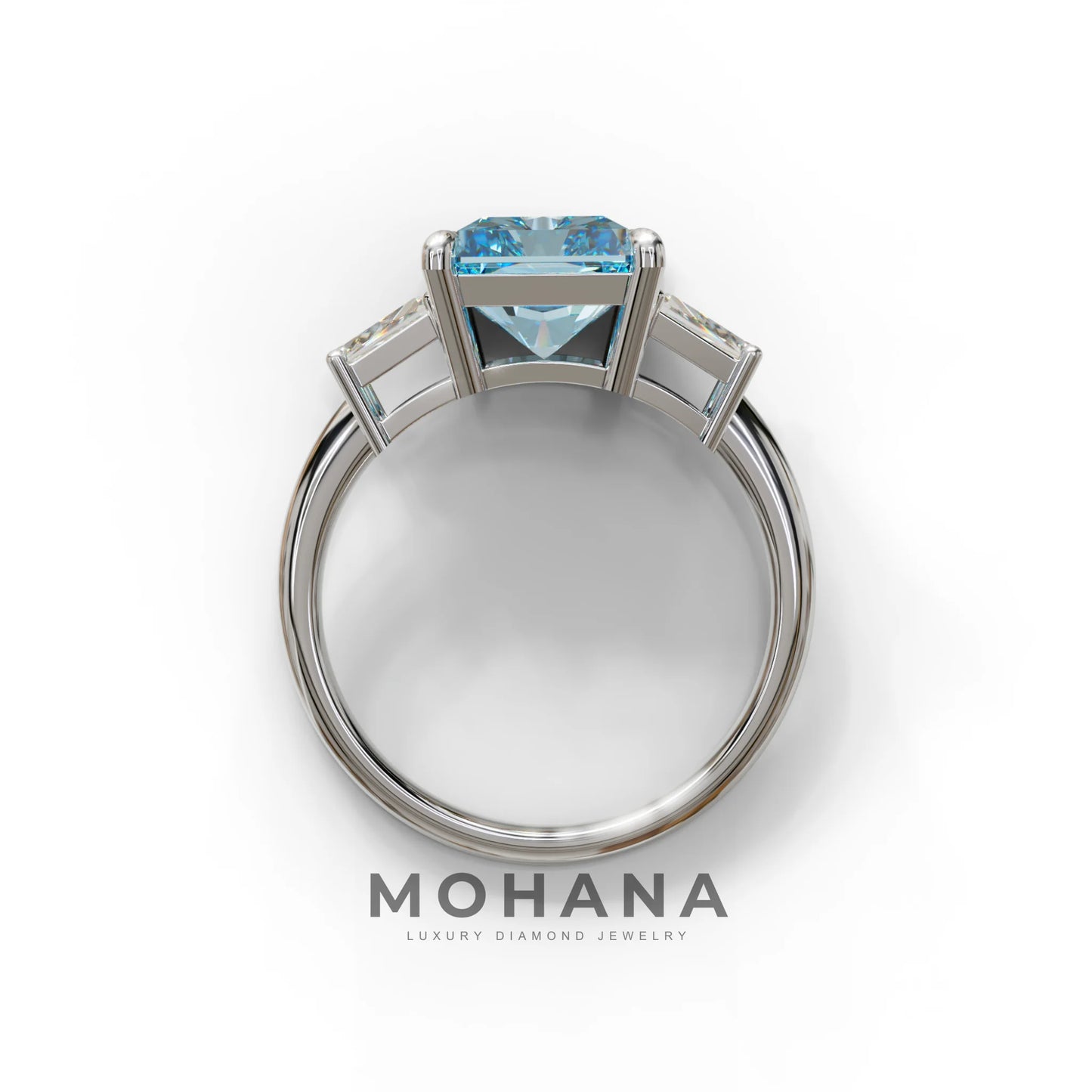 4 Carat Blue Radiant & Trapezoid Three Stone Engagement Ring - Embrace