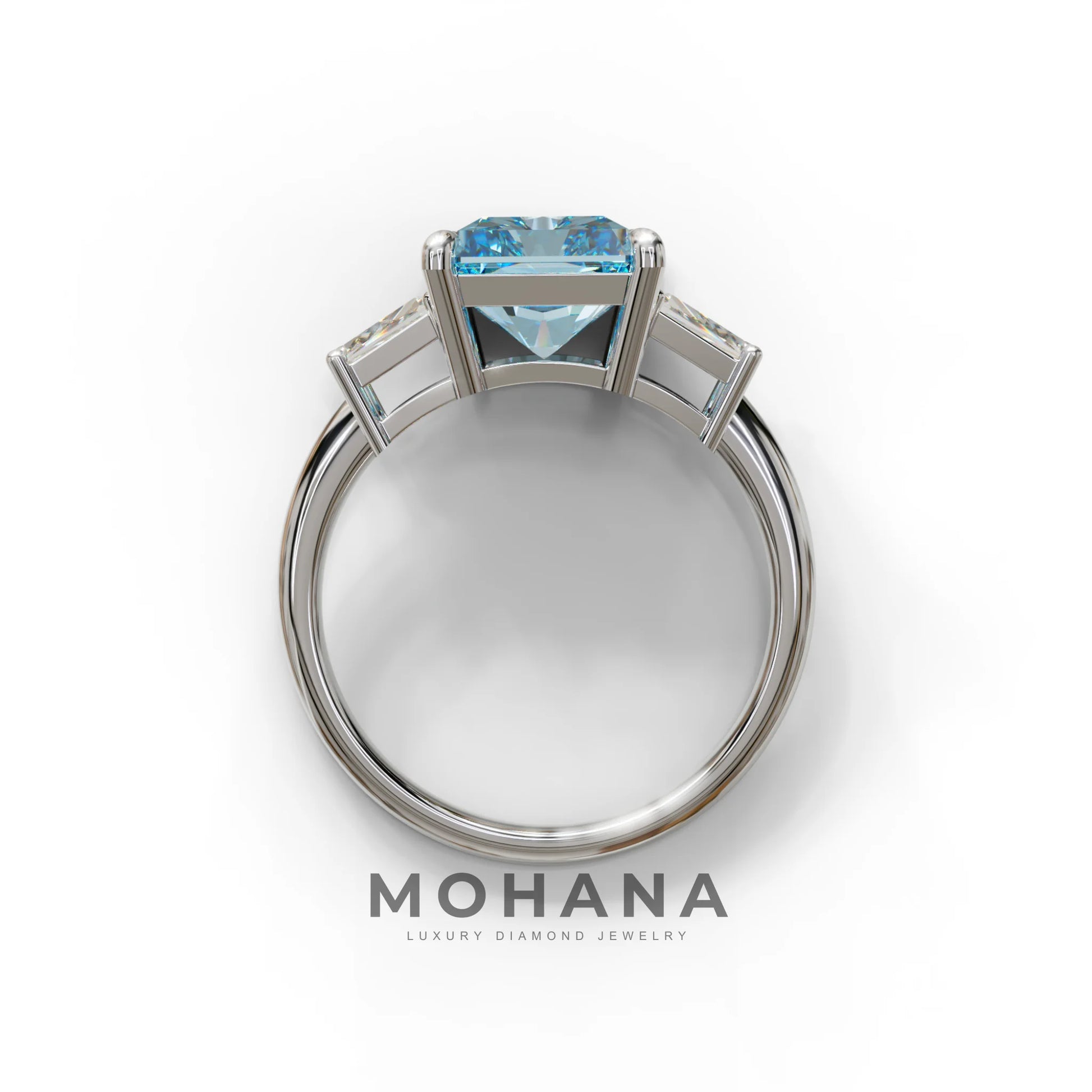 4 Carat Blue Radiant & Trapezoid Three Stone Engagement Ring - Embrace