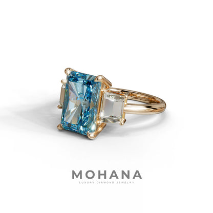 4 Carat Blue Radiant & Trapezoid Three Stone Engagement Ring - Embrace