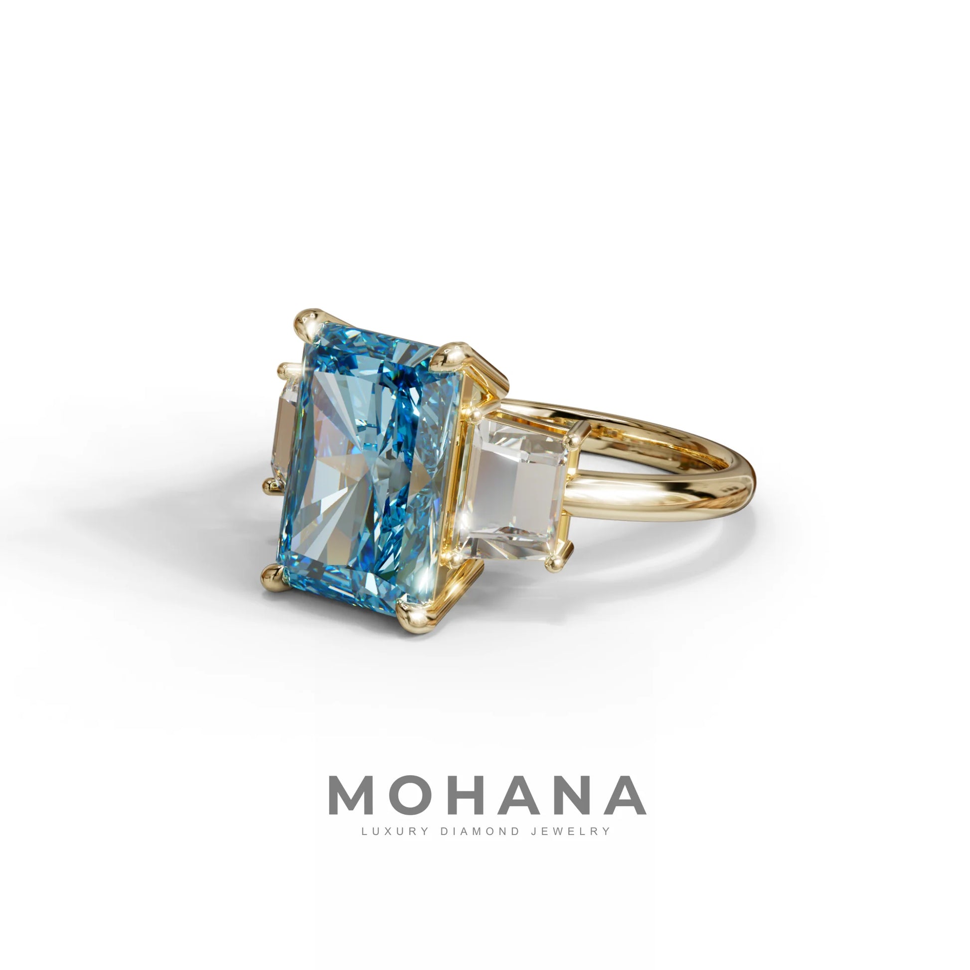 4 Carat Blue Radiant & Trapezoid Three Stone Engagement Ring - Embrace
