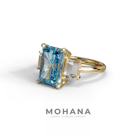 4 Carat Blue Radiant & Trapezoid Three Stone Engagement Ring - Embrace