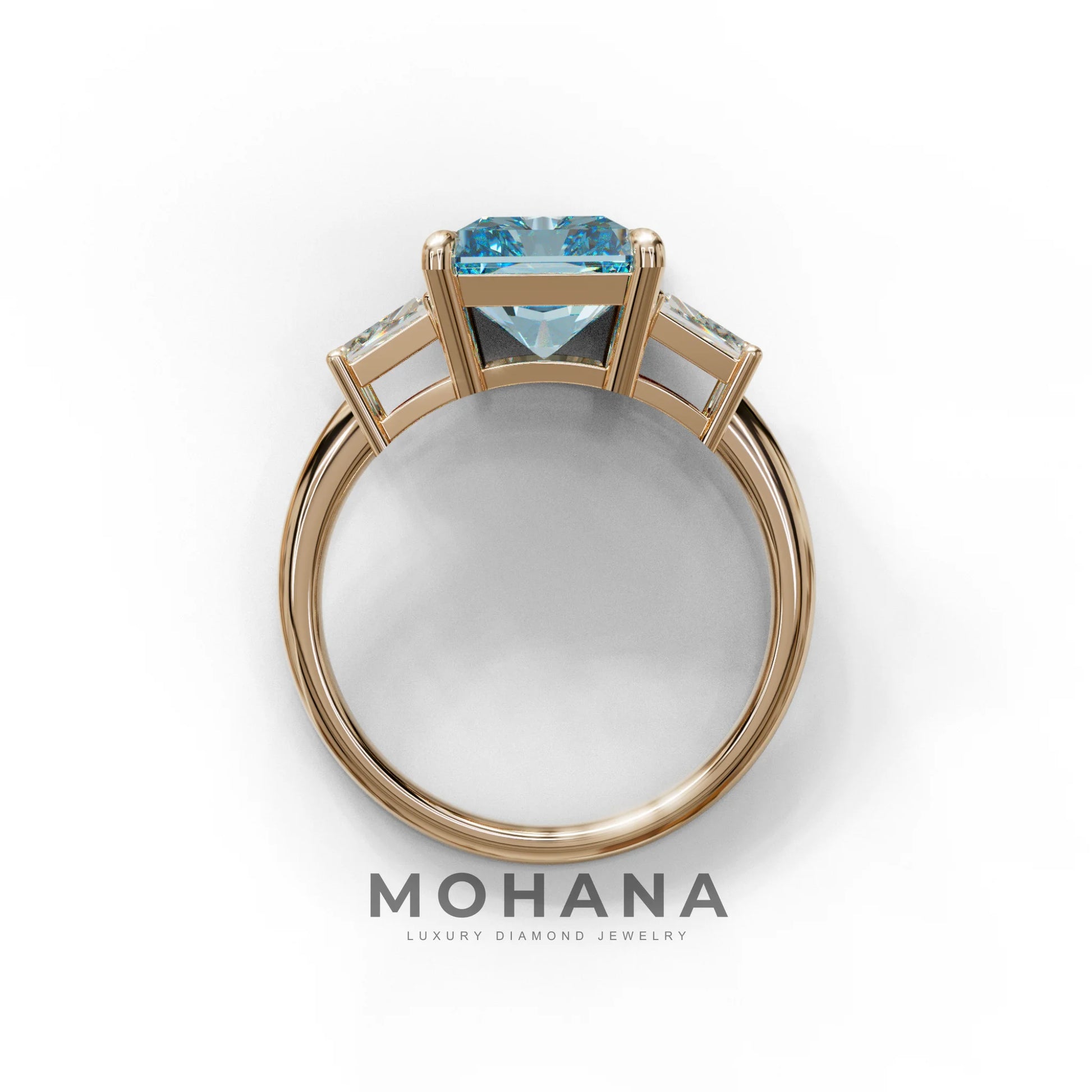 4 Carat Blue Radiant & Trapezoid Three Stone Engagement Ring - Embrace