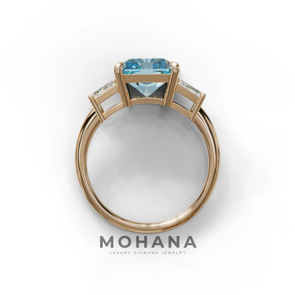 4 Carat Blue Radiant & Trapezoid Three Stone Engagement Ring - Embrace