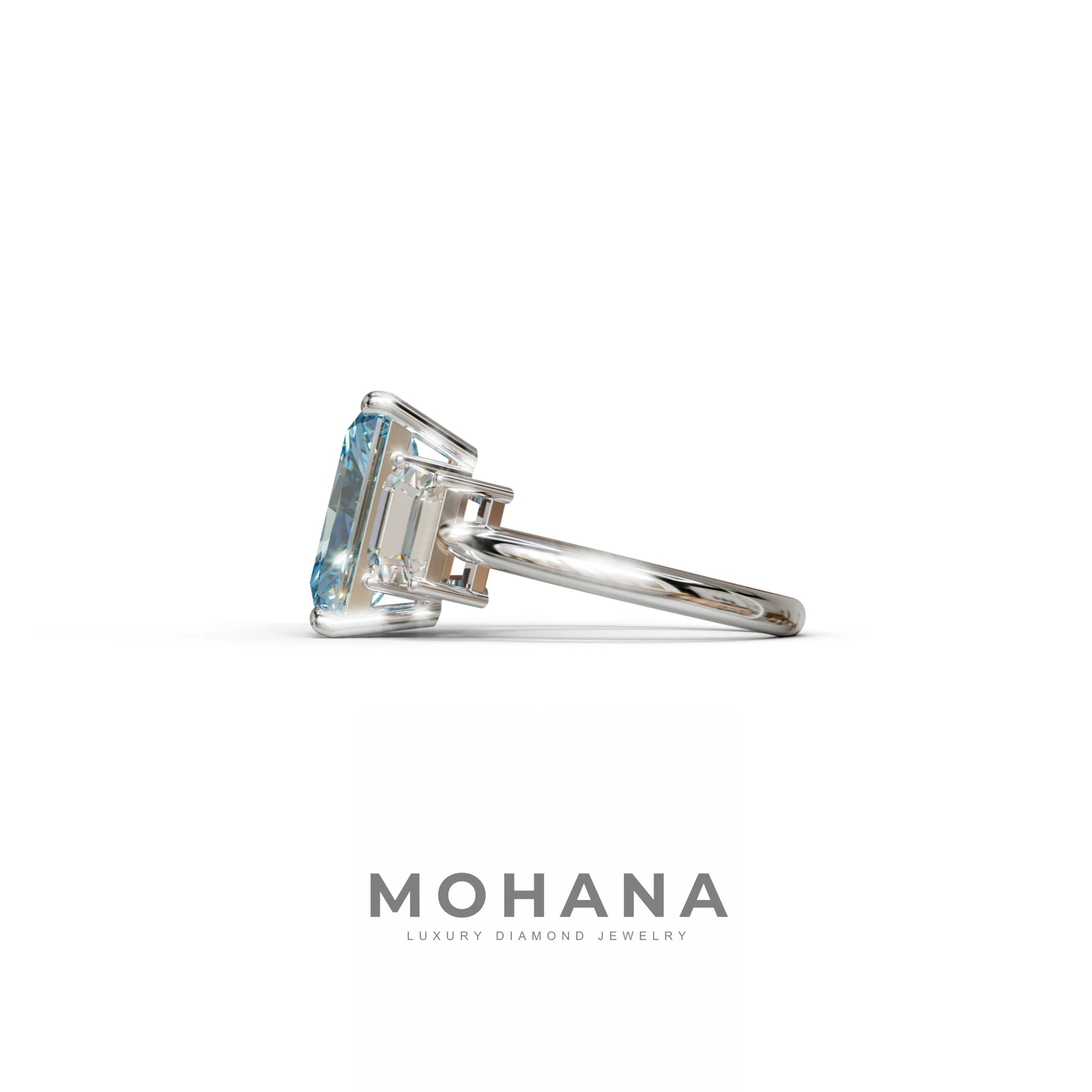 4 Carat Blue Radiant & Trapezoid Three Stone Engagement Ring - Embrace